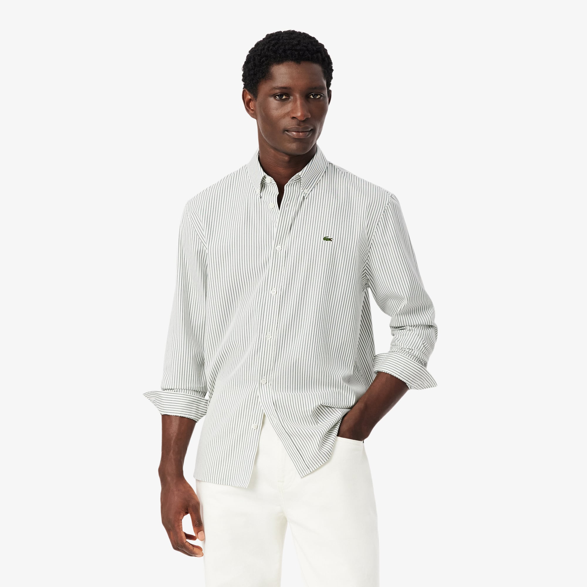 Áo Sơ Mi Lacoste Nam Dáng Suông Chất Liệu Cotton Pinpoint Kẻ Sọc