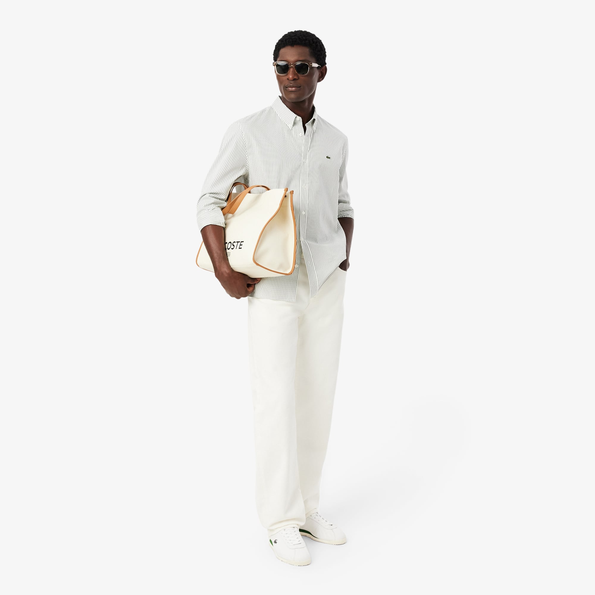 Áo Sơ Mi Lacoste Nam Dáng Suông Chất Liệu Cotton Pinpoint Kẻ Sọc