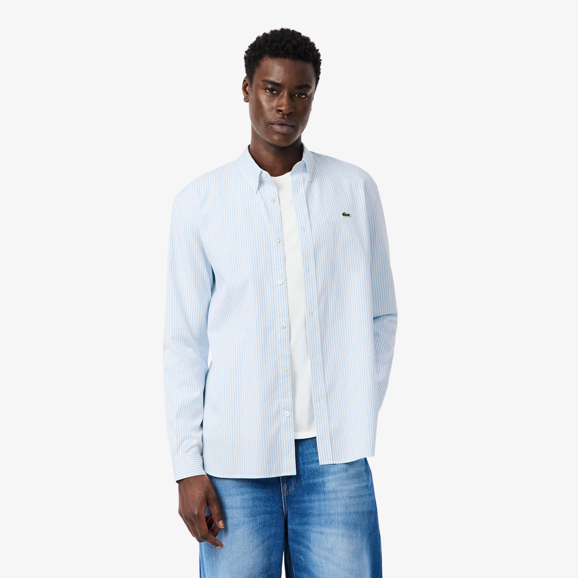 Áo Sơ Mi Lacoste Nam Dáng Suông Chất Liệu Cotton Pinpoint Kẻ Sọc