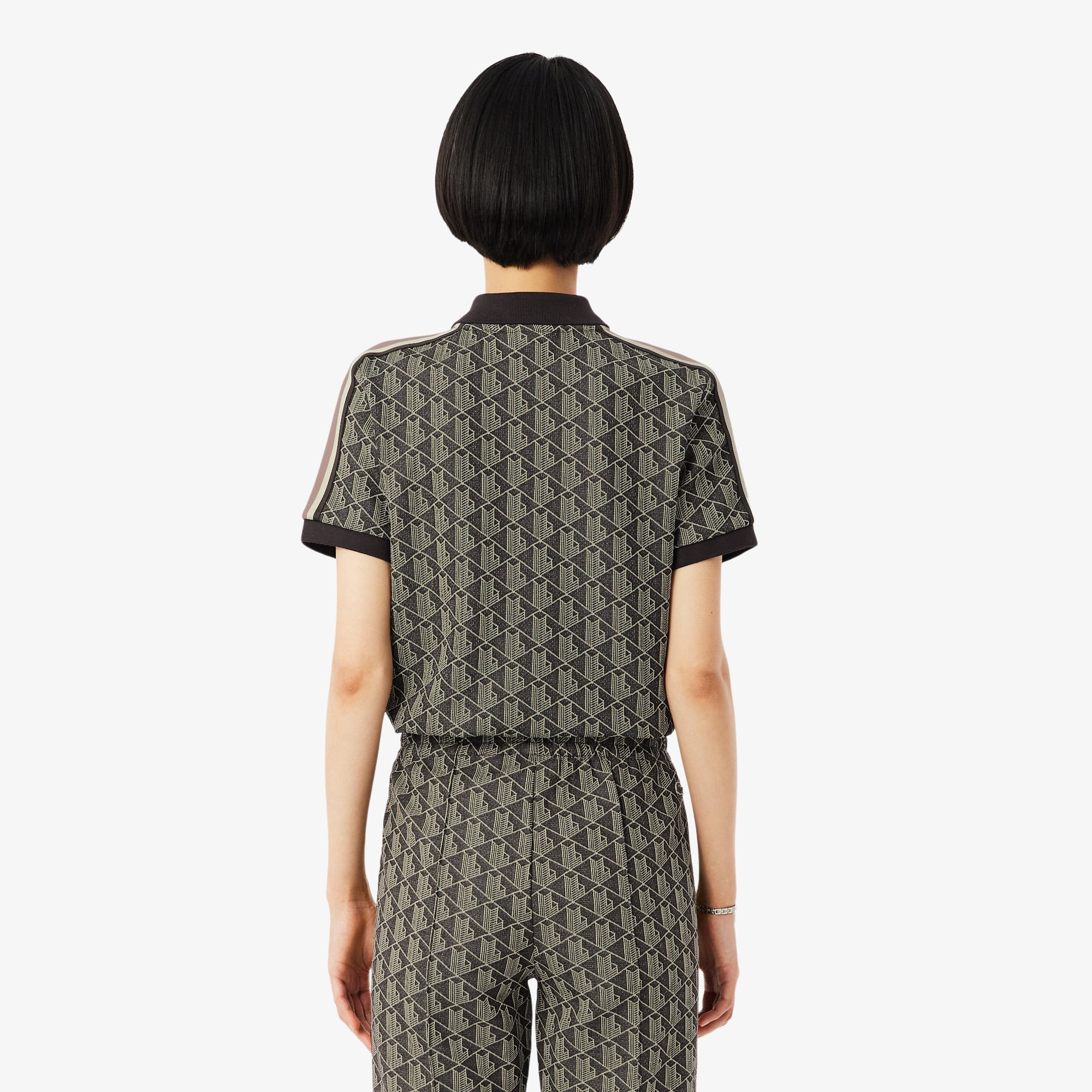 Áo Polo Lacoste Nữ Ôm Dáng Họa Tiết Monogram Chất Vải Jacquard