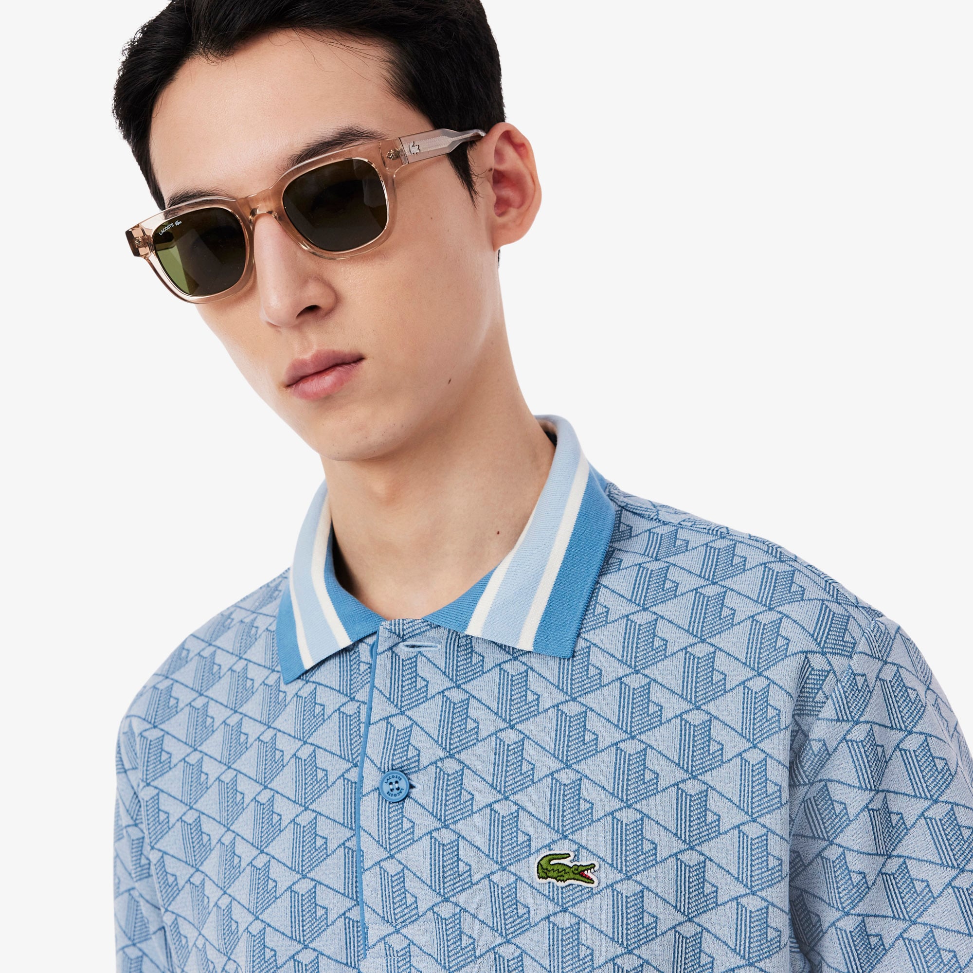 Áo Polo Lacoste Nam Dáng Cổ Điển Có Cổ Tương Phản Hoạ Tiết Monogram Chất Liệu Jacquard