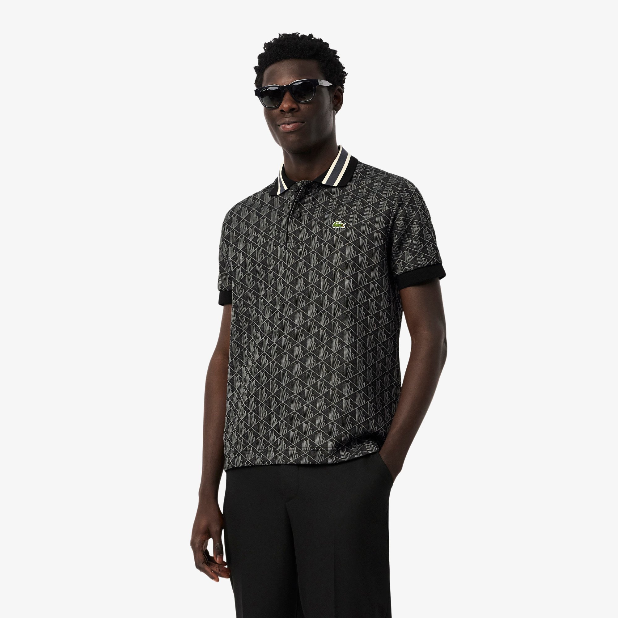 Áo Polo Lacoste Nam Dáng Cổ Điển Có Cổ Tương Phản Hoạ Tiết Monogram Chất Liệu Jacquard