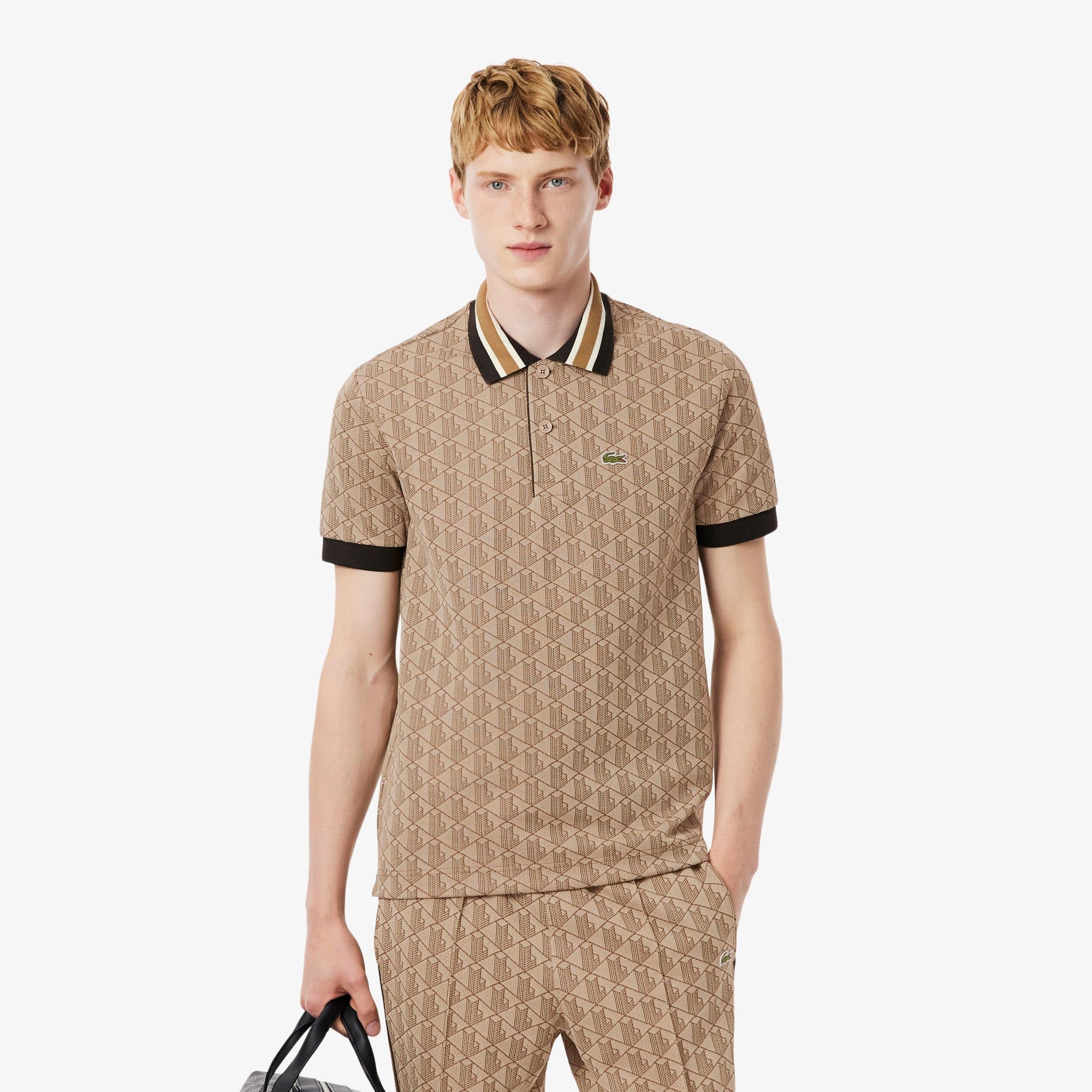 Áo Polo Lacoste Nam Dáng Cổ Điển Có Cổ Tương Phản Hoạ Tiết Monogram Chất Liệu Jacquard