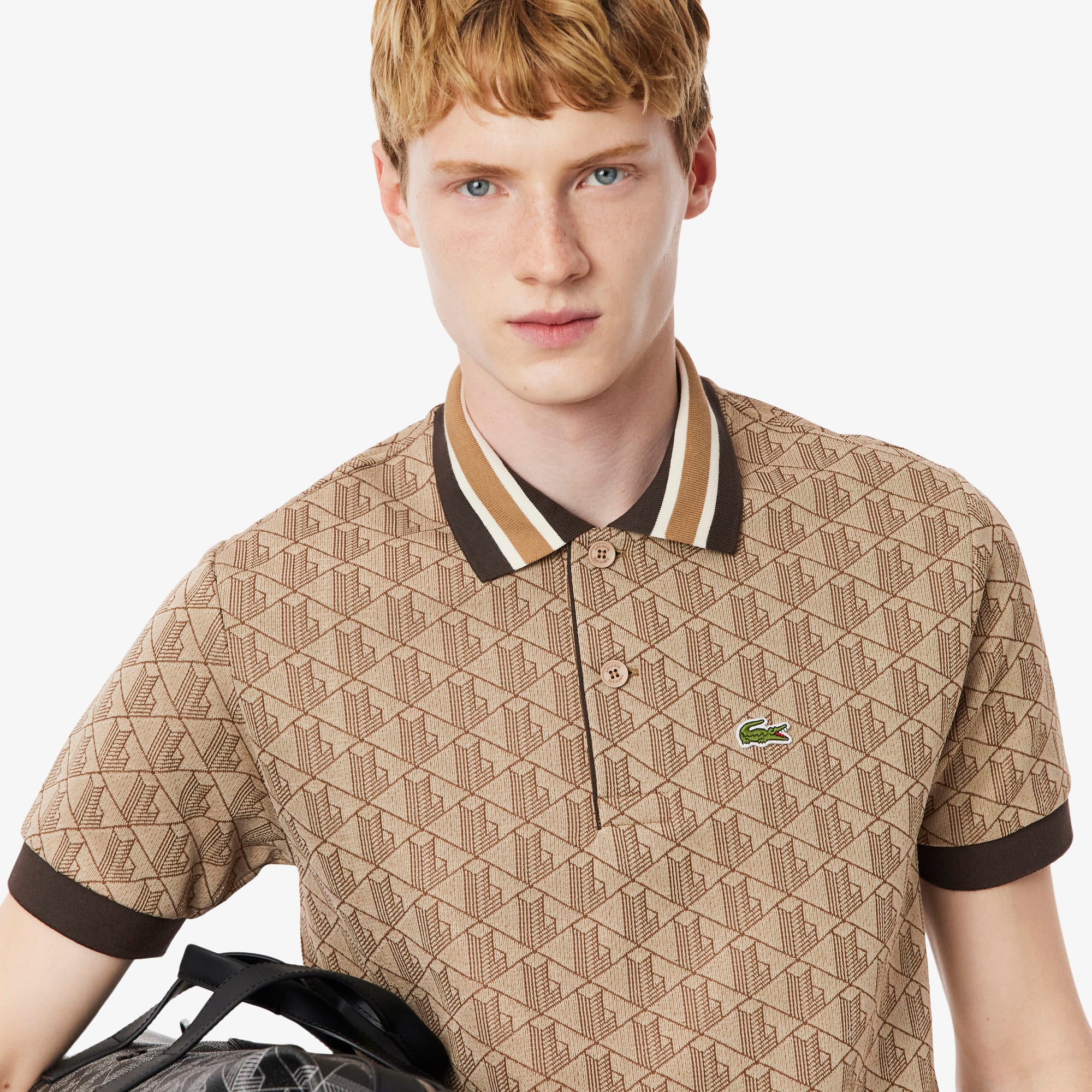 Áo Polo Lacoste Nam Dáng Cổ Điển Có Cổ Tương Phản Hoạ Tiết Monogram Chất Liệu Jacquard