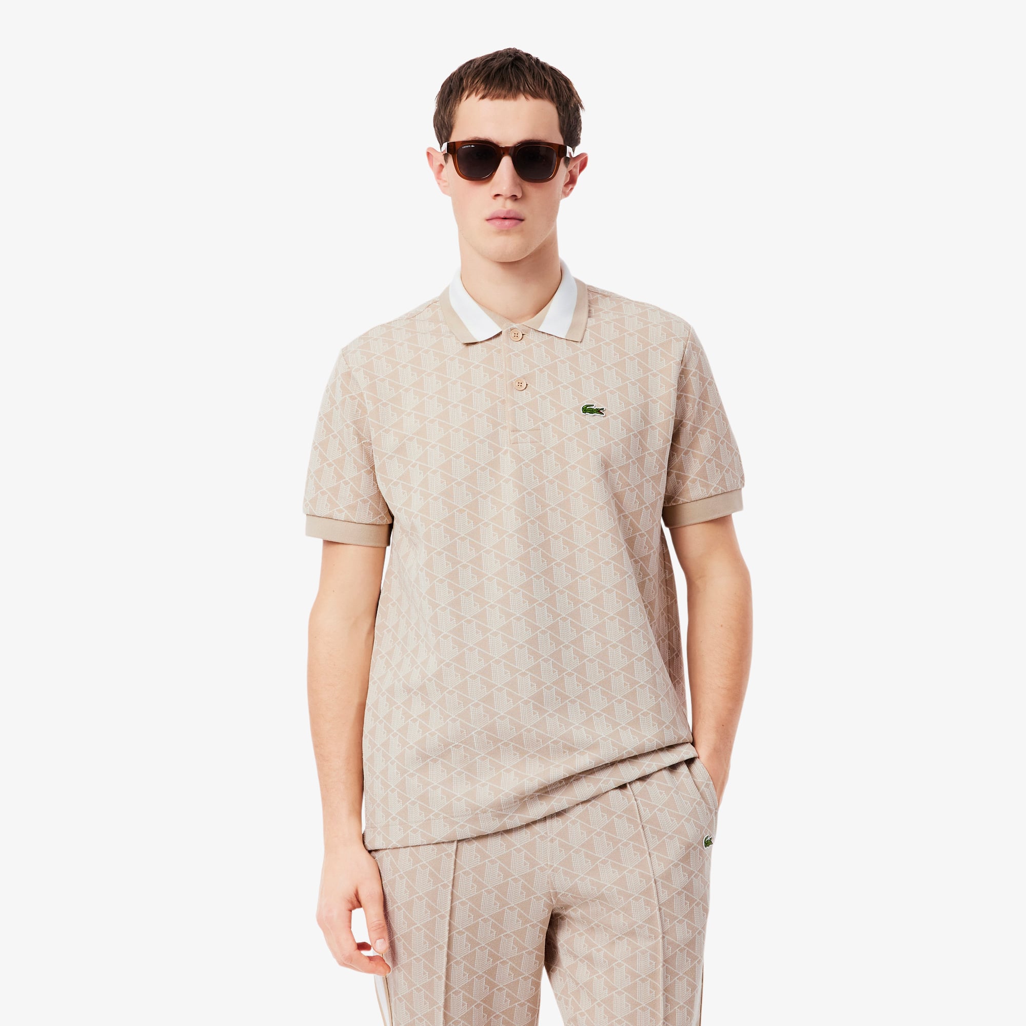 Áo Polo Lacoste Nam Dáng Cổ Điển Có Cổ Tương Phản Hoạ Tiết Monogram Chất Liệu Jacquard