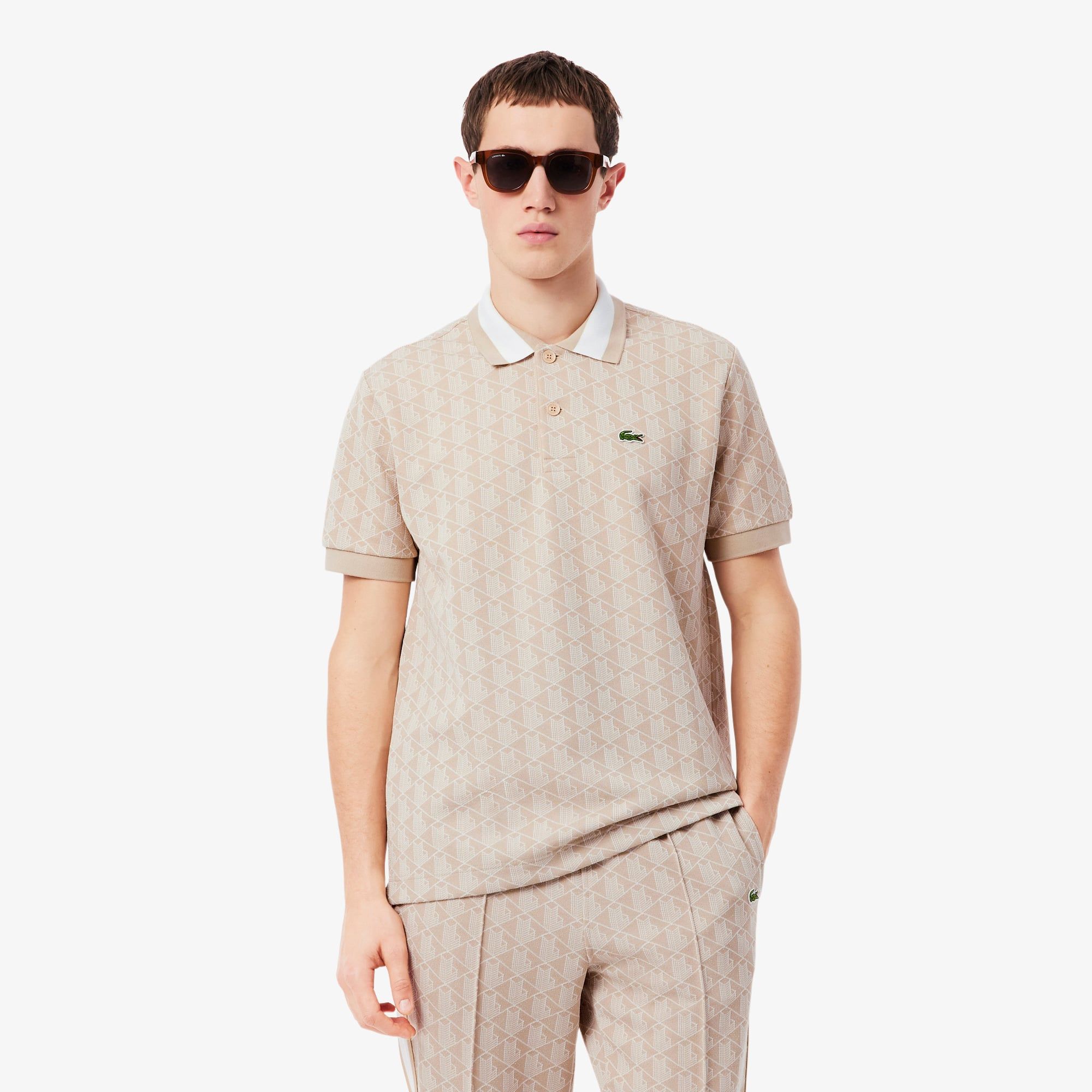 Áo Polo Lacoste Nam Dáng Cổ Điển Có Cổ Tương Phản Hoạ Tiết Monogram Chất Liệu Jacquard