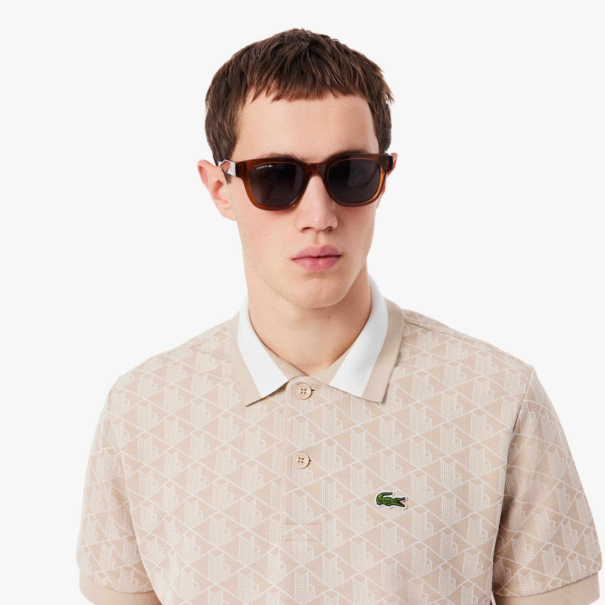 Áo Polo Lacoste Nam Dáng Cổ Điển Có Cổ Tương Phản Hoạ Tiết Monogram Chất Liệu Jacquard