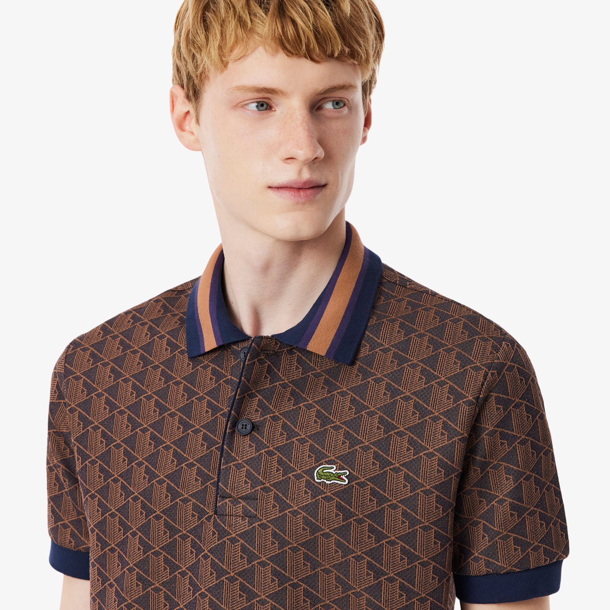 Áo Polo Lacoste Nam Dáng Cổ Điển Có Cổ Tương Phản Hoạ Tiết Monogram Chất Liệu Jacquard