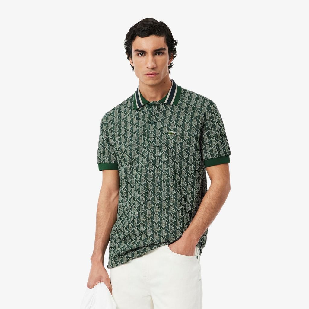 Áo Polo Lacoste Nam Dáng Cổ Điển Có Cổ Tương Phản Hoạ Tiết Monogram Chất Liệu Jacquard