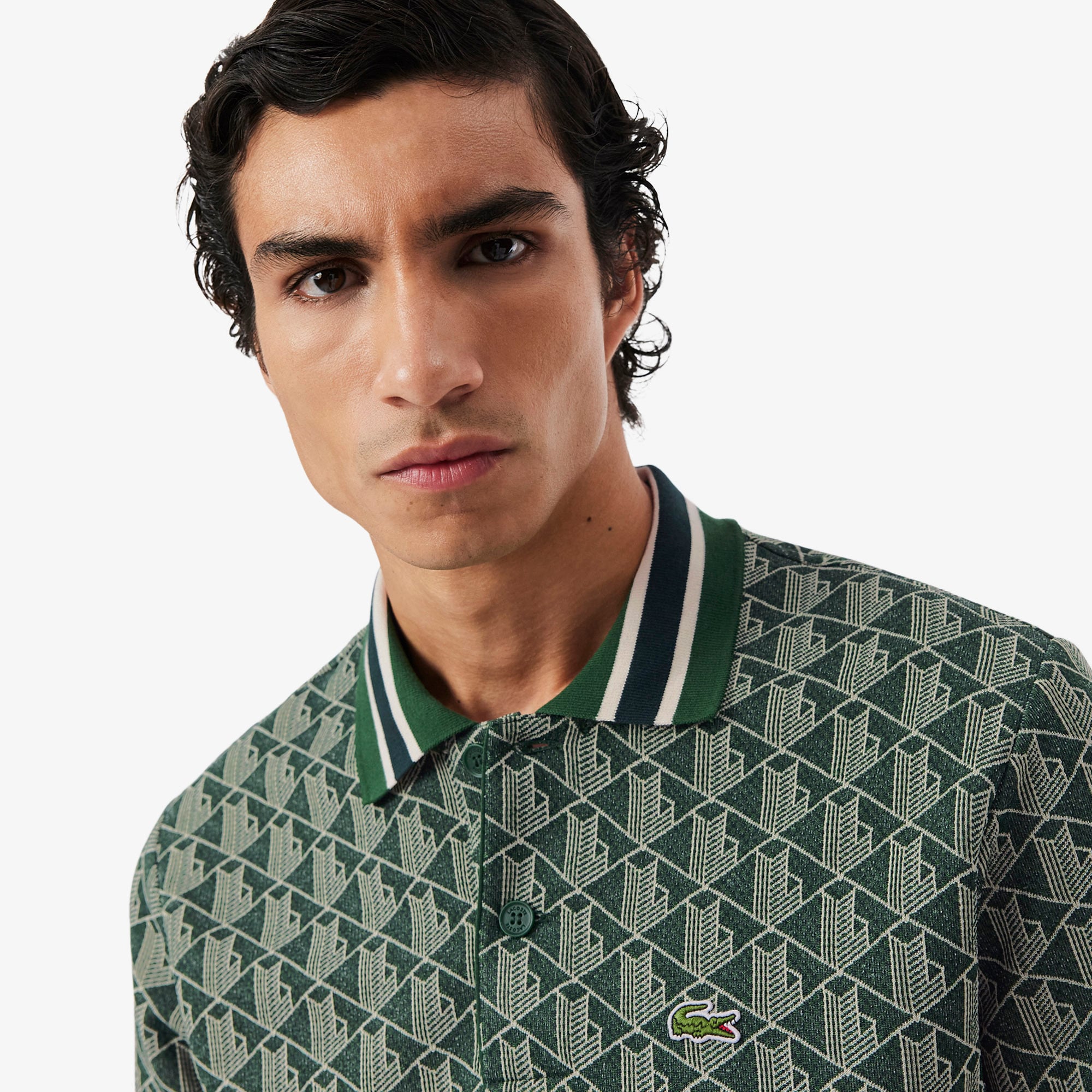 Áo Polo Lacoste Nam Dáng Cổ Điển Có Cổ Tương Phản Hoạ Tiết Monogram Chất Liệu Jacquard