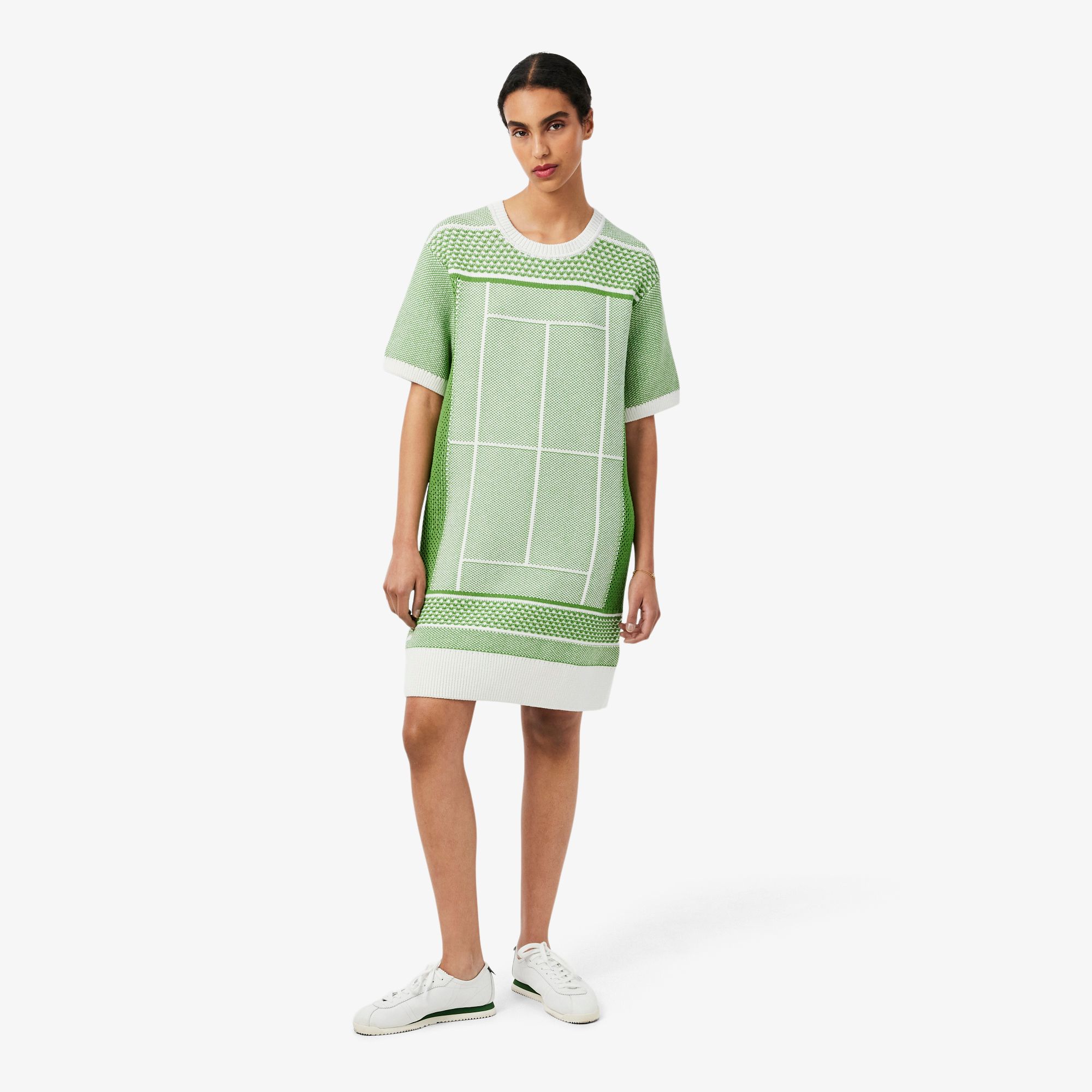 Đầm Len Lacoste Nữ Dáng Suông Dệt Nổi Họa Tiết Sân Tennis
