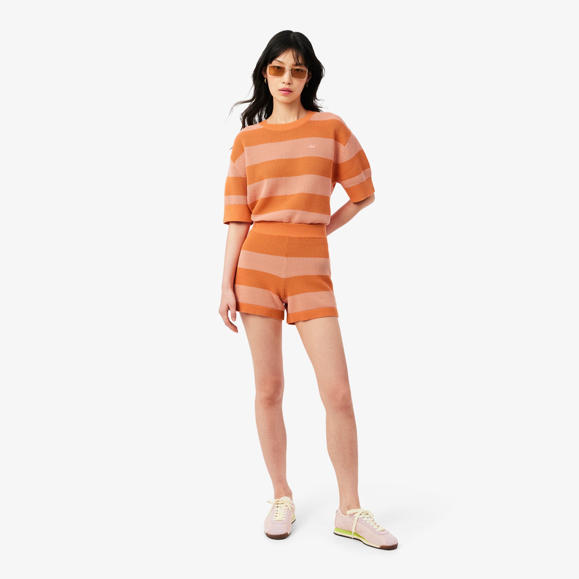 Quần Ngắn Lacoste Nữ Ống Suông Dệt Lưới Kẻ Sọc