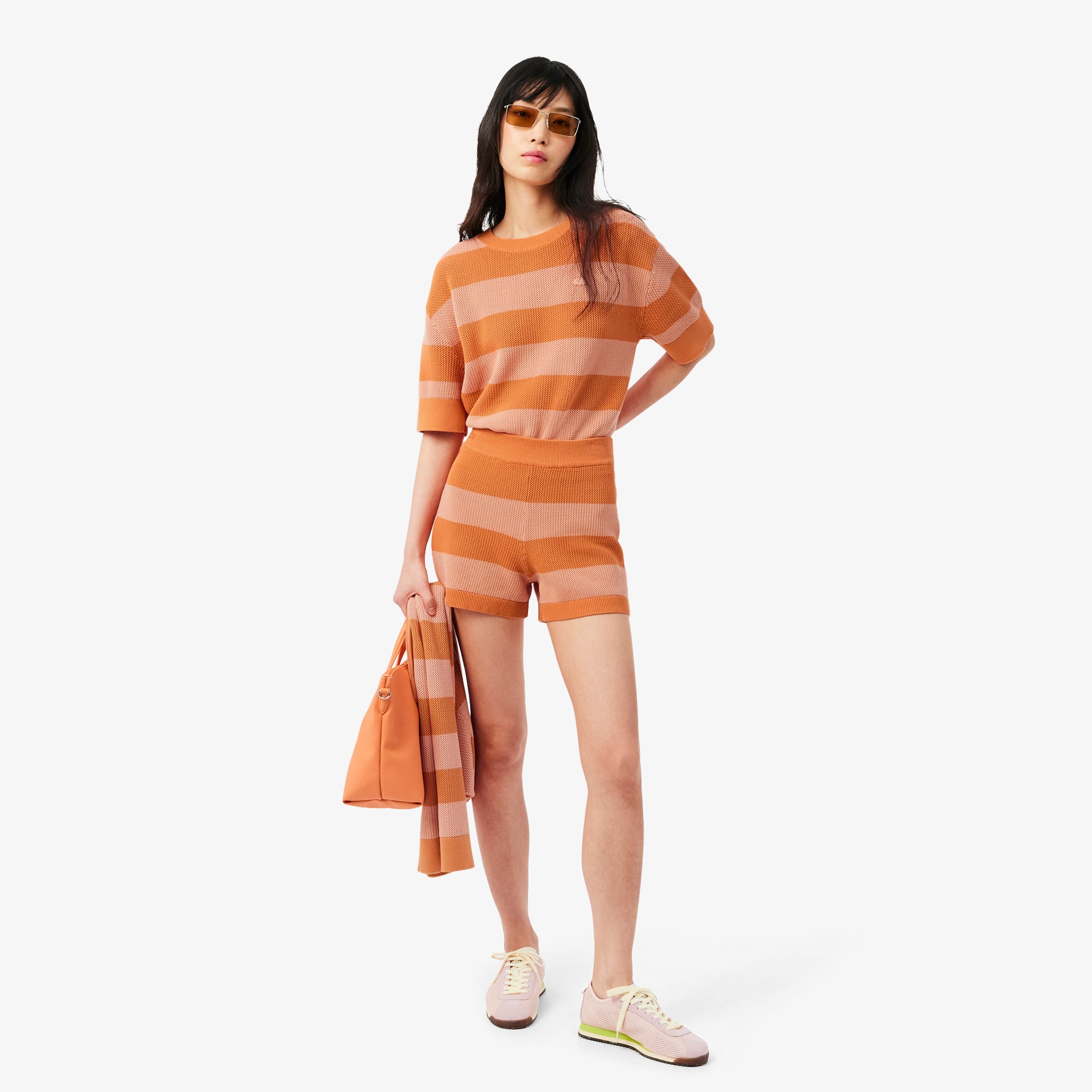 Quần Ngắn Lacoste Nữ Ống Suông Dệt Lưới Kẻ Sọc