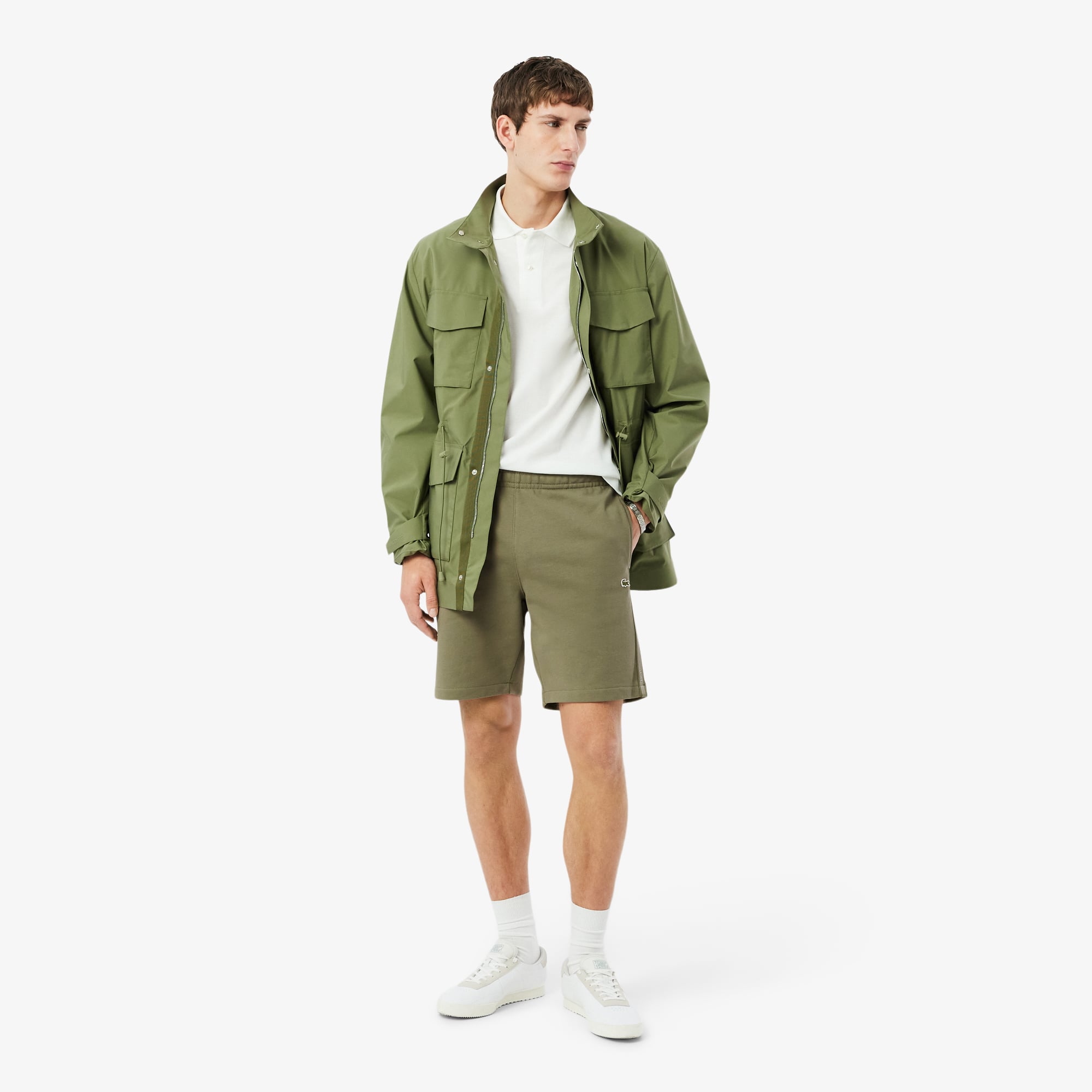 Quần Ngắn Lacoste Nam Ống Suông Chất Liệu Nỉ Kẻ Sọc Có Logo
