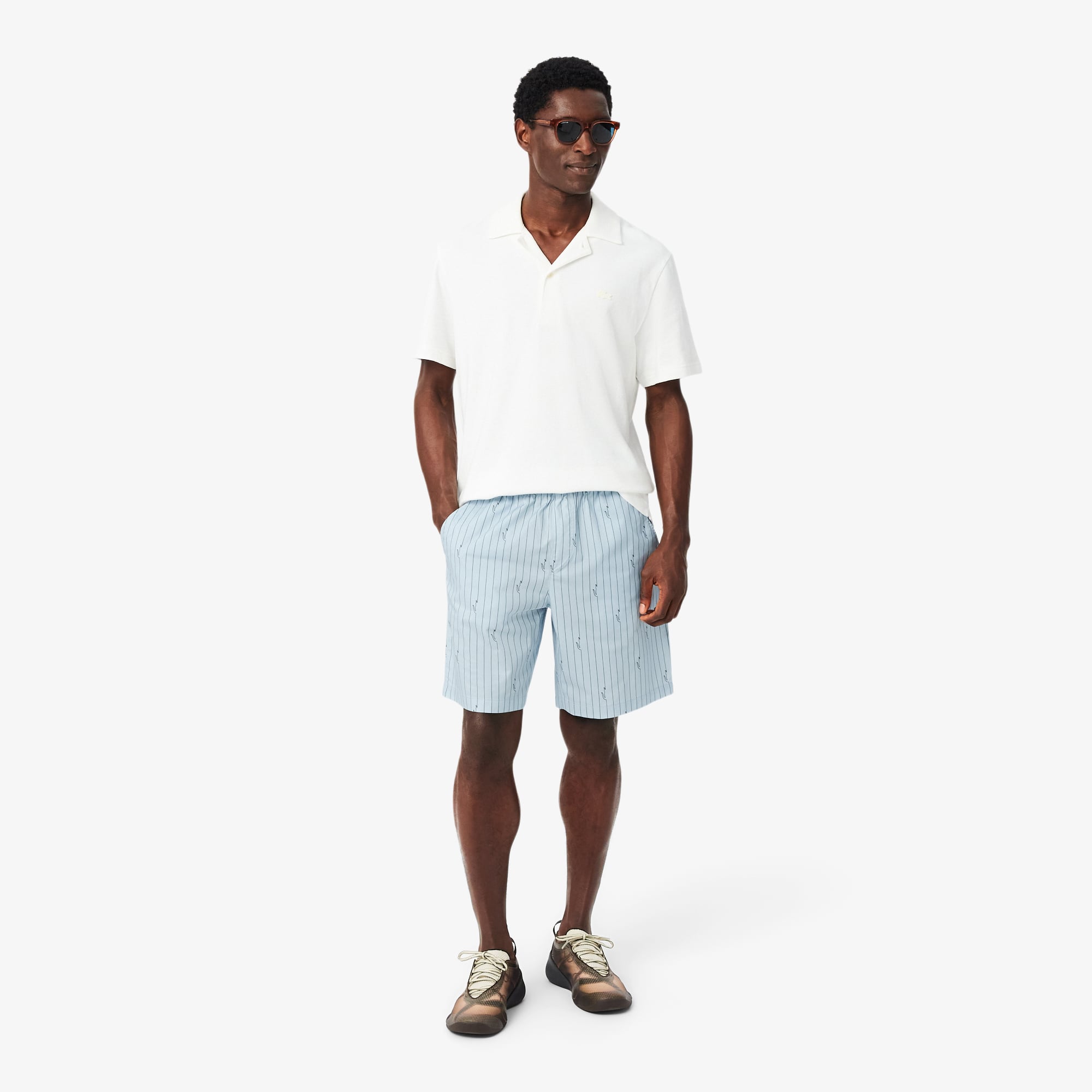 Quần Ngắn Lacoste Nam Dáng Oversize Chất Liệu Cotton Kẻ Sọc In Hình Cá Sấu