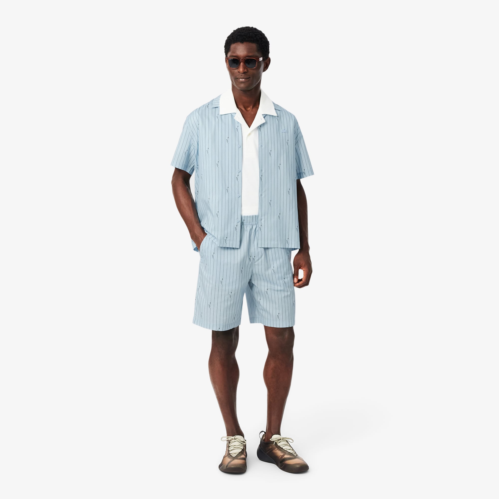 Quần Ngắn Lacoste Nam Dáng Oversize Chất Liệu Cotton Kẻ Sọc In Hình Cá Sấu