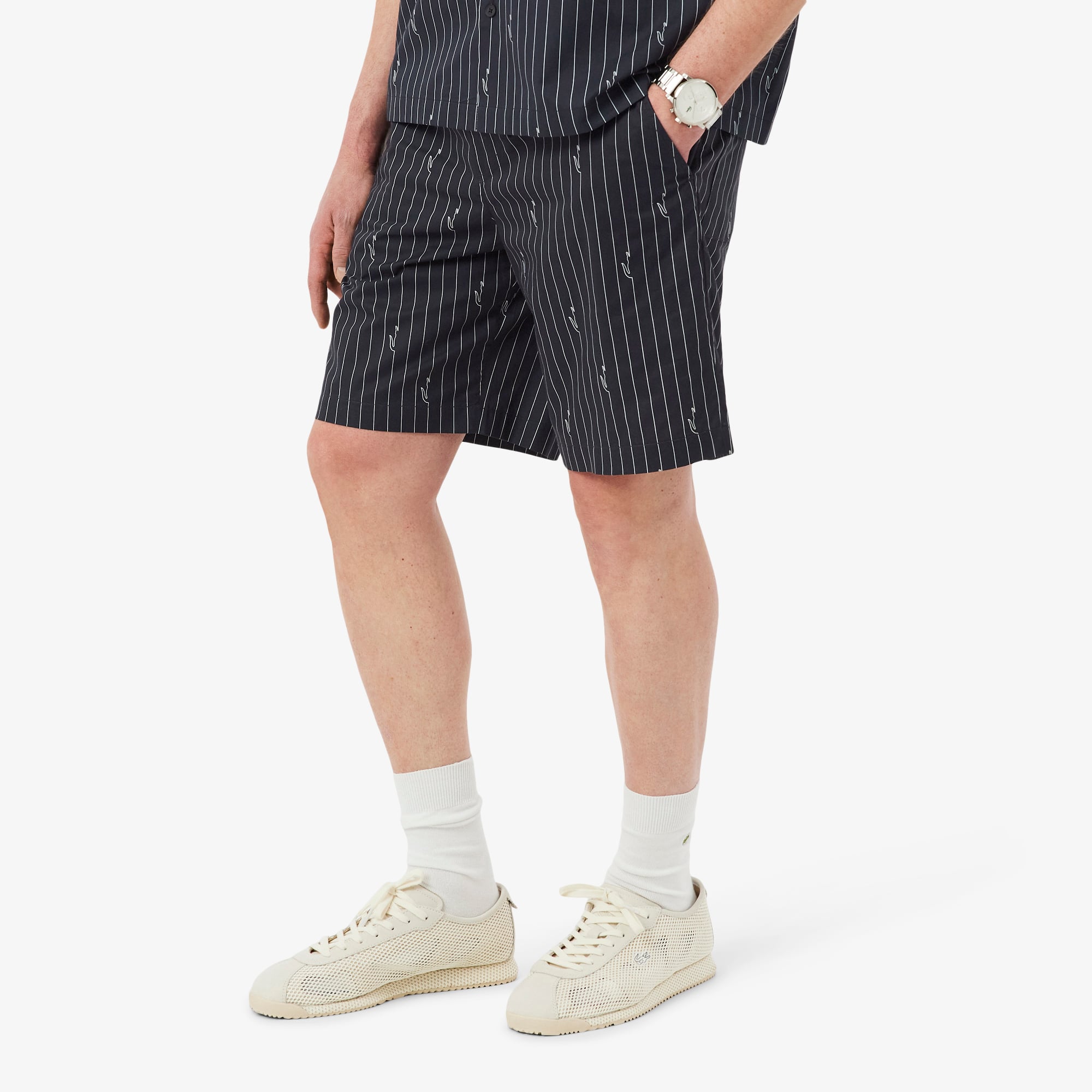 Quần Ngắn Lacoste Nam Dáng Oversize Chất Liệu Cotton Kẻ Sọc In Hình Cá Sấu