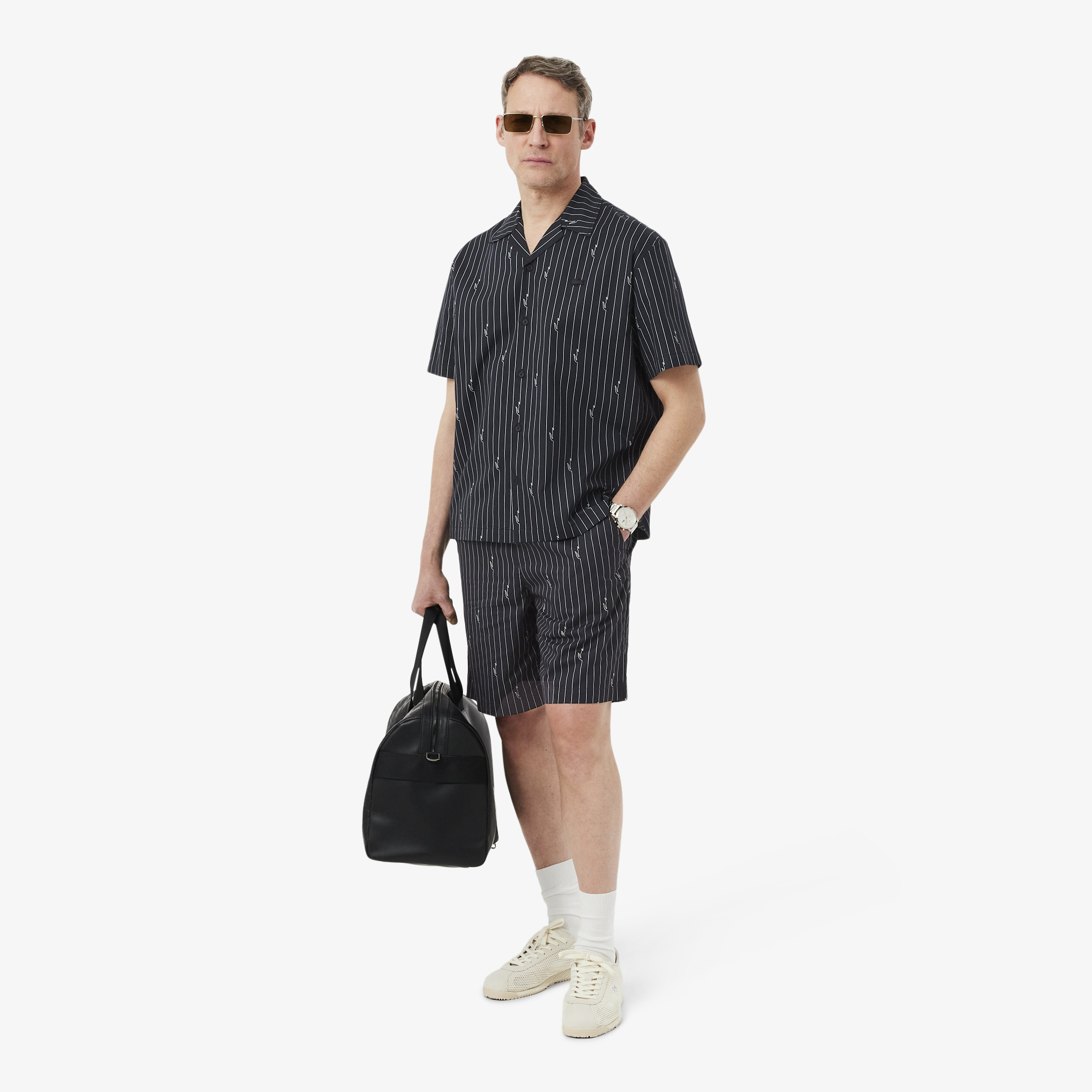 Quần Ngắn Lacoste Nam Dáng Oversize Chất Liệu Cotton Kẻ Sọc In Hình Cá Sấu