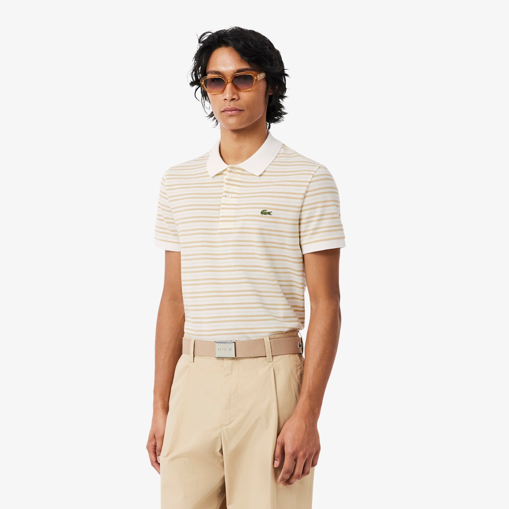 Áo Polo Lacoste Nam Dáng Cổ Điển Chất Liệu Petit Piqué Kẻ Sọc