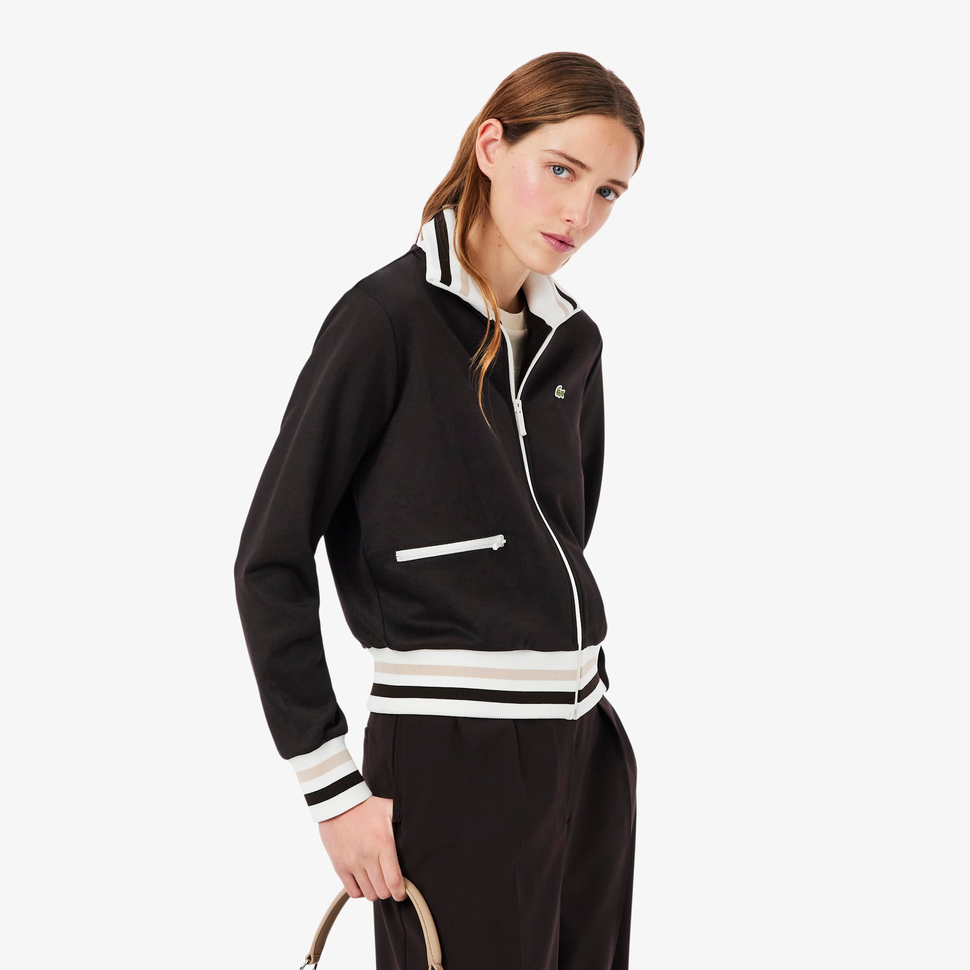 Áo Nỉ Lacoste Nữ Dáng Oversize Điểm Nhấn Kẻ Sọc Có Khóa Kéo