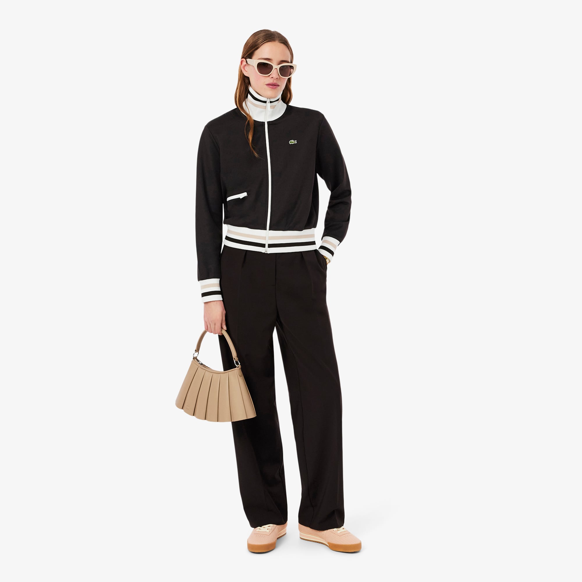 Áo Nỉ Lacoste Nữ Dáng Oversize Điểm Nhấn Kẻ Sọc Có Khóa Kéo