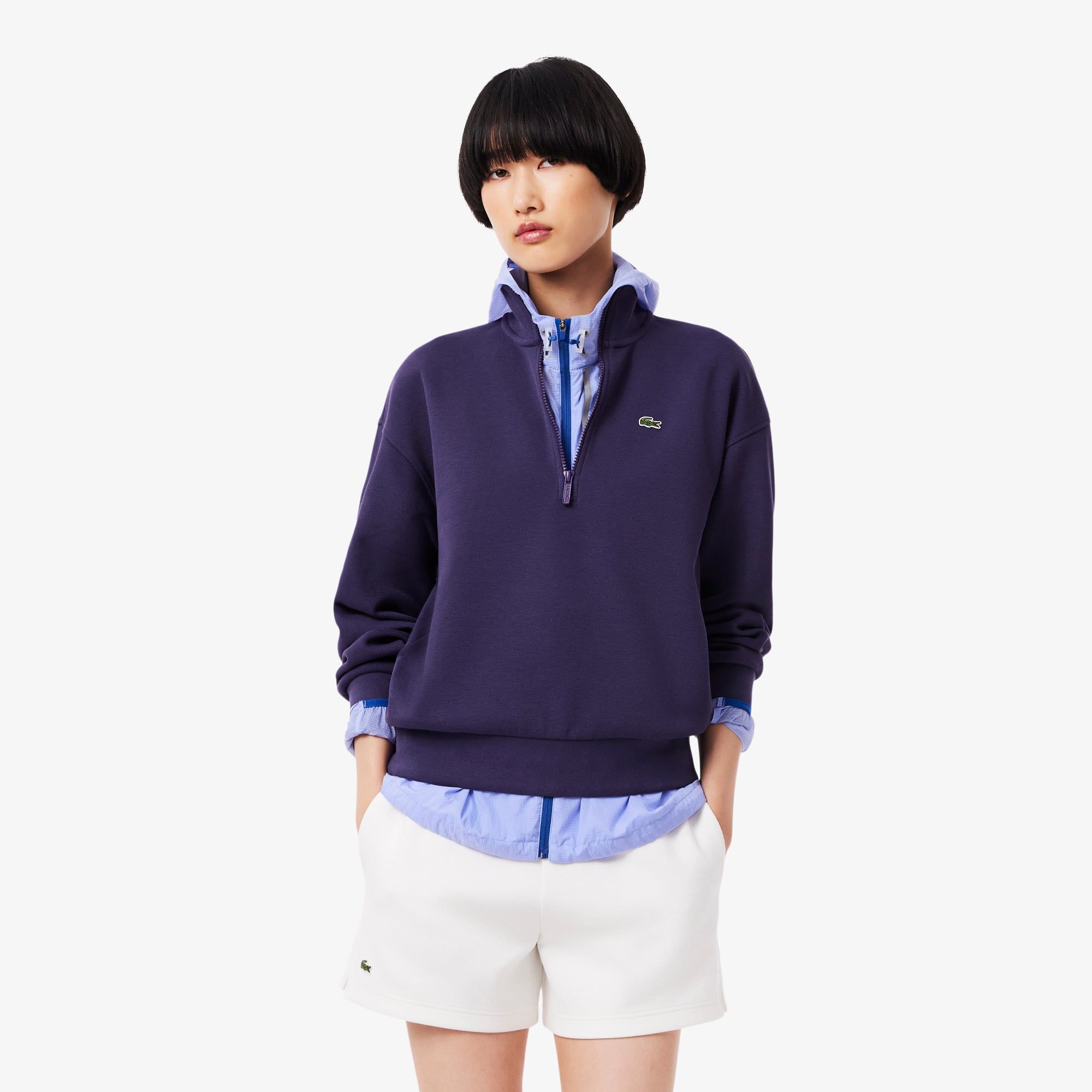 Áo Nỉ Lacoste Nữ Dáng Rộng Piqué Cổ Cao Có Khóa Kéo