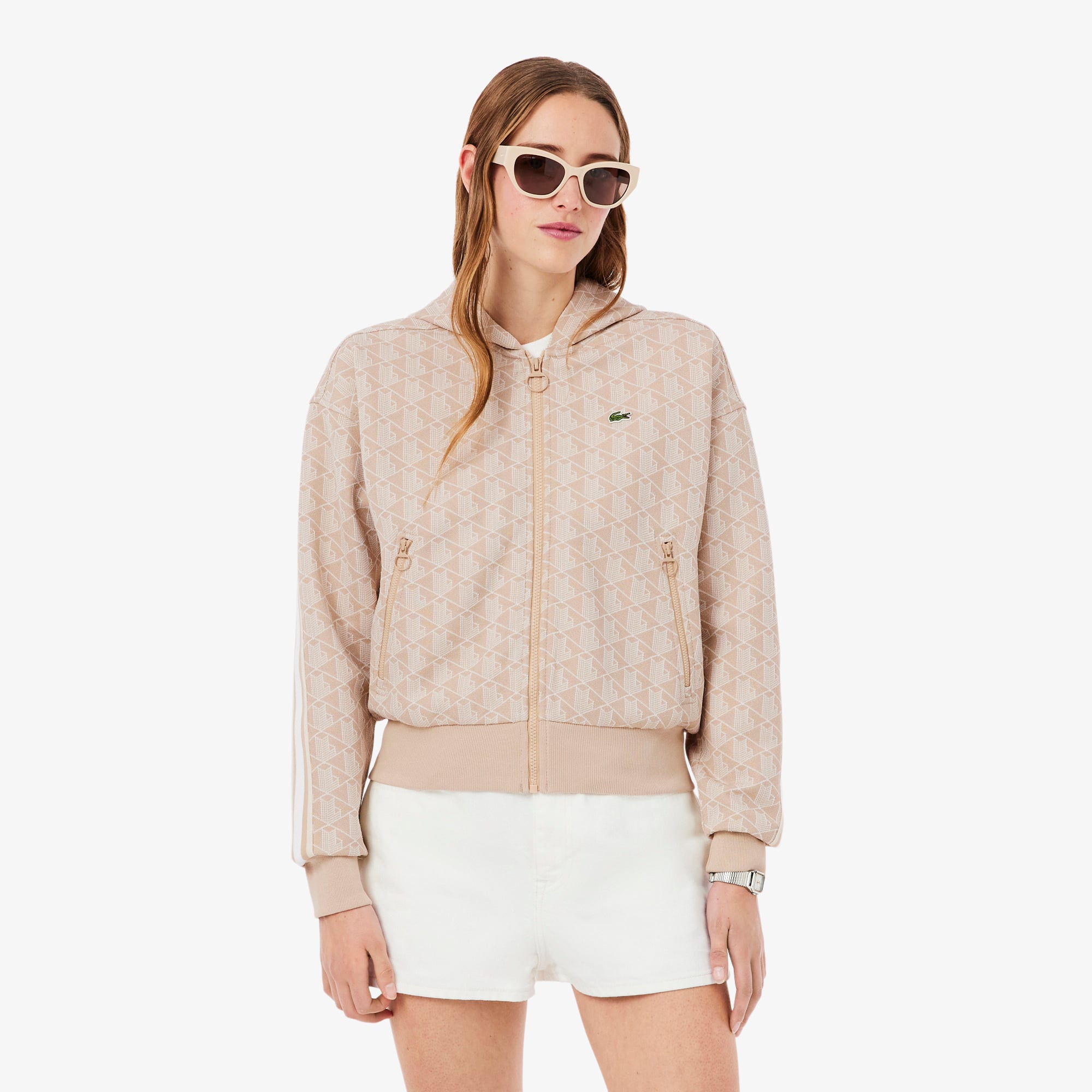 Áo Hoodie Lacoste Nữ Hoạ Tiết Monogram Chất Liệu Jacquard