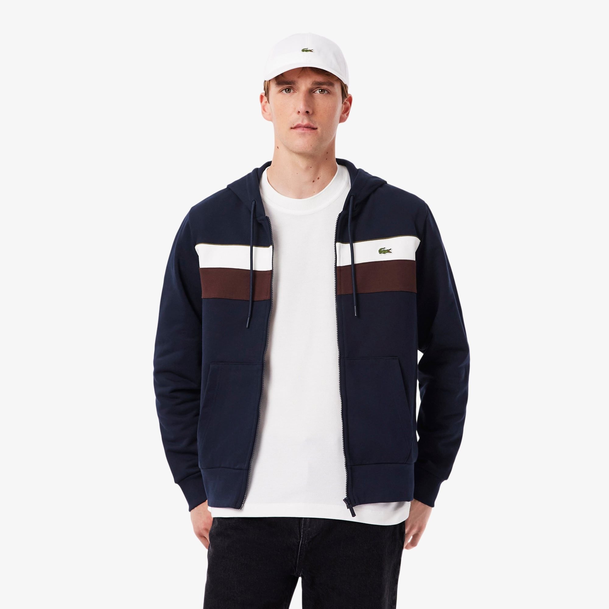 Áo Hoodie Lacoste Nam Dáng Cổ Điển Có Khóa Kéo Họa Tiết Colour-Block