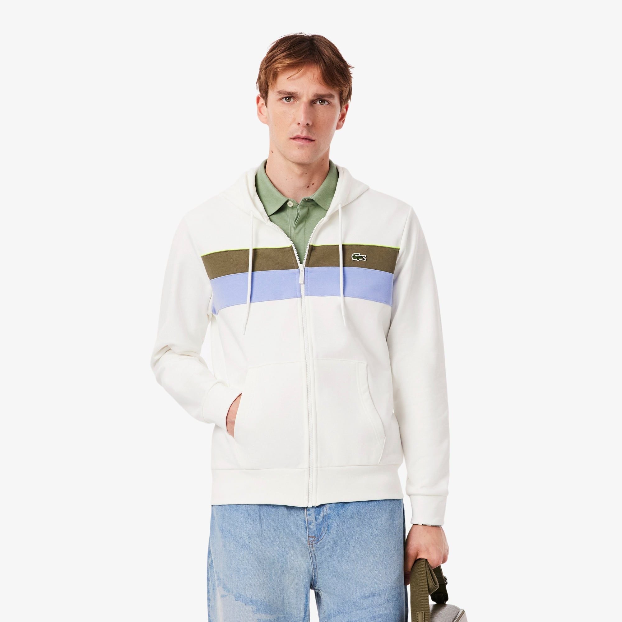 Áo Hoodie Lacoste Nam Dáng Cổ Điển Có Khóa Kéo Họa Tiết Colour-Block