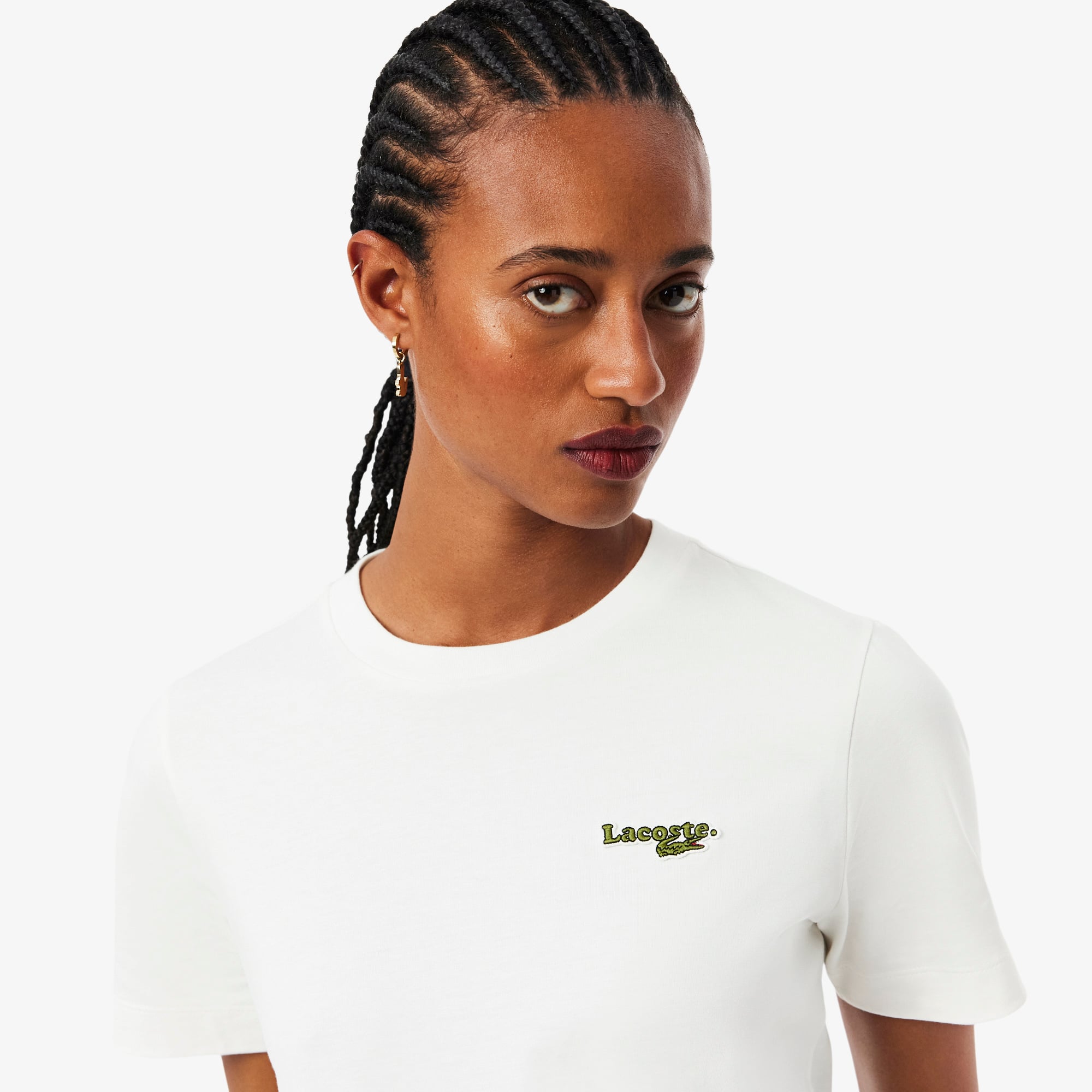 Áo Thun Lacoste Nữ Dáng Suông Chất Liệu Cotton Có Phù Hiệu