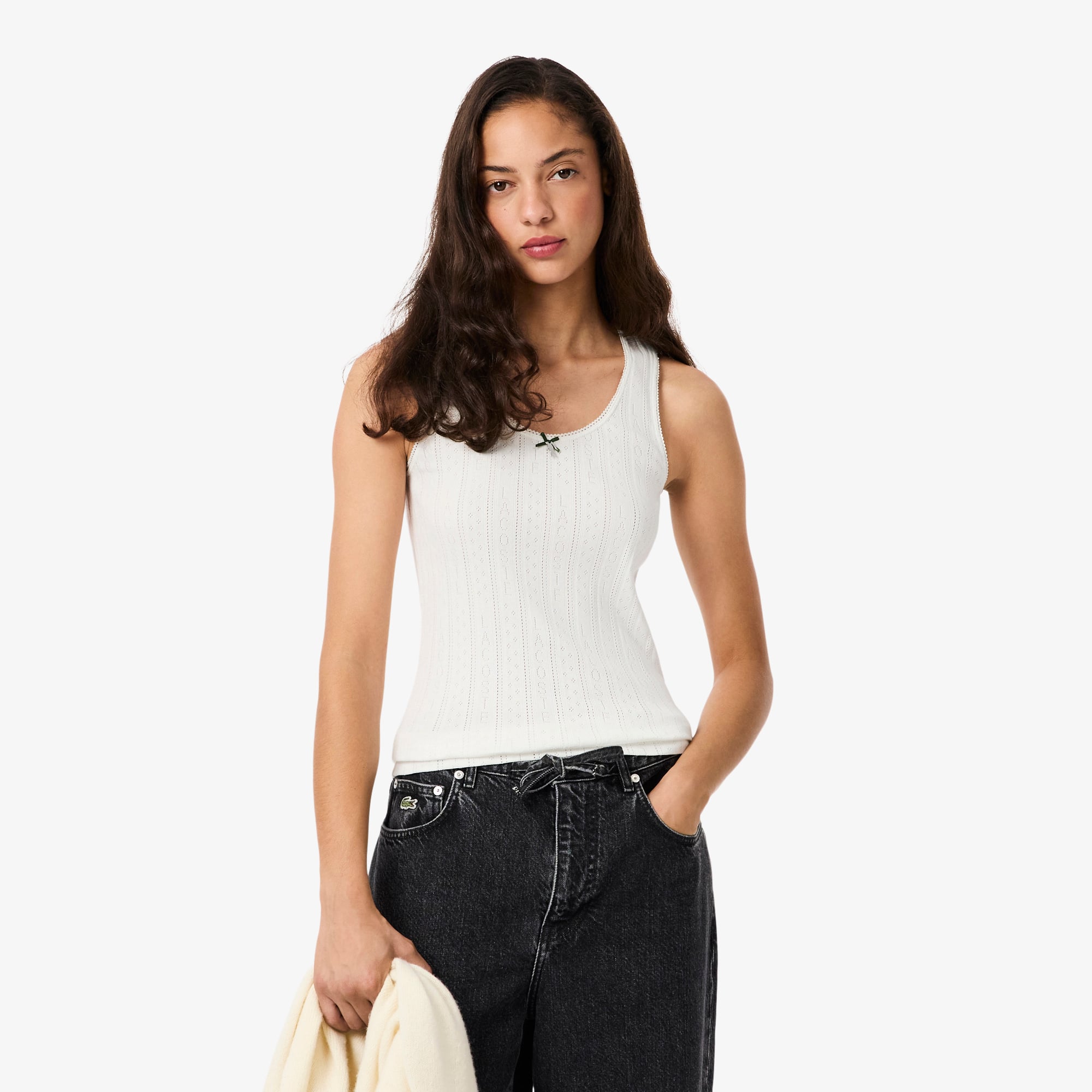 Áo Thun Ba Lỗ Lacoste Nữ Ôm Dáng Dệt Kim Họa Tiết Lỗ