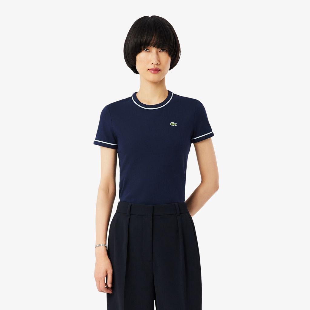Áo Thun Lacoste Nữ Ôm Dáng Jersey Viền Tương Phản