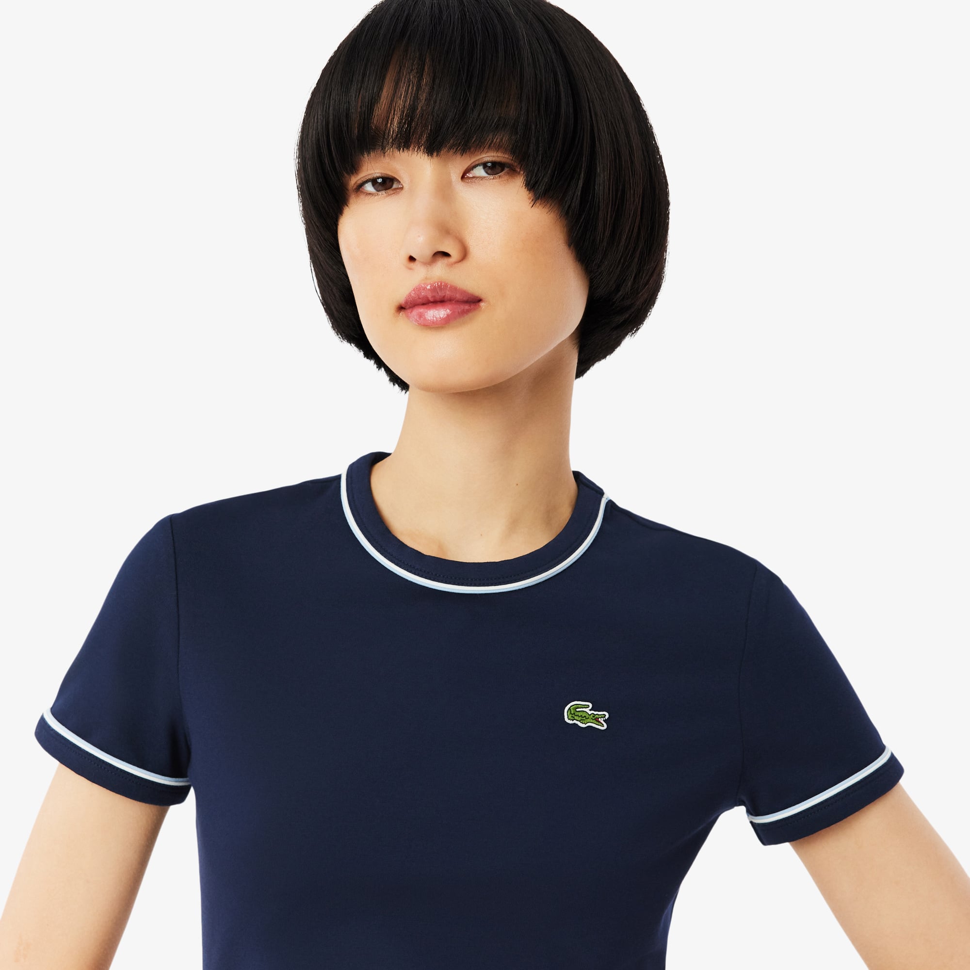 Áo Thun Lacoste Nữ Ôm Dáng Jersey Viền Tương Phản