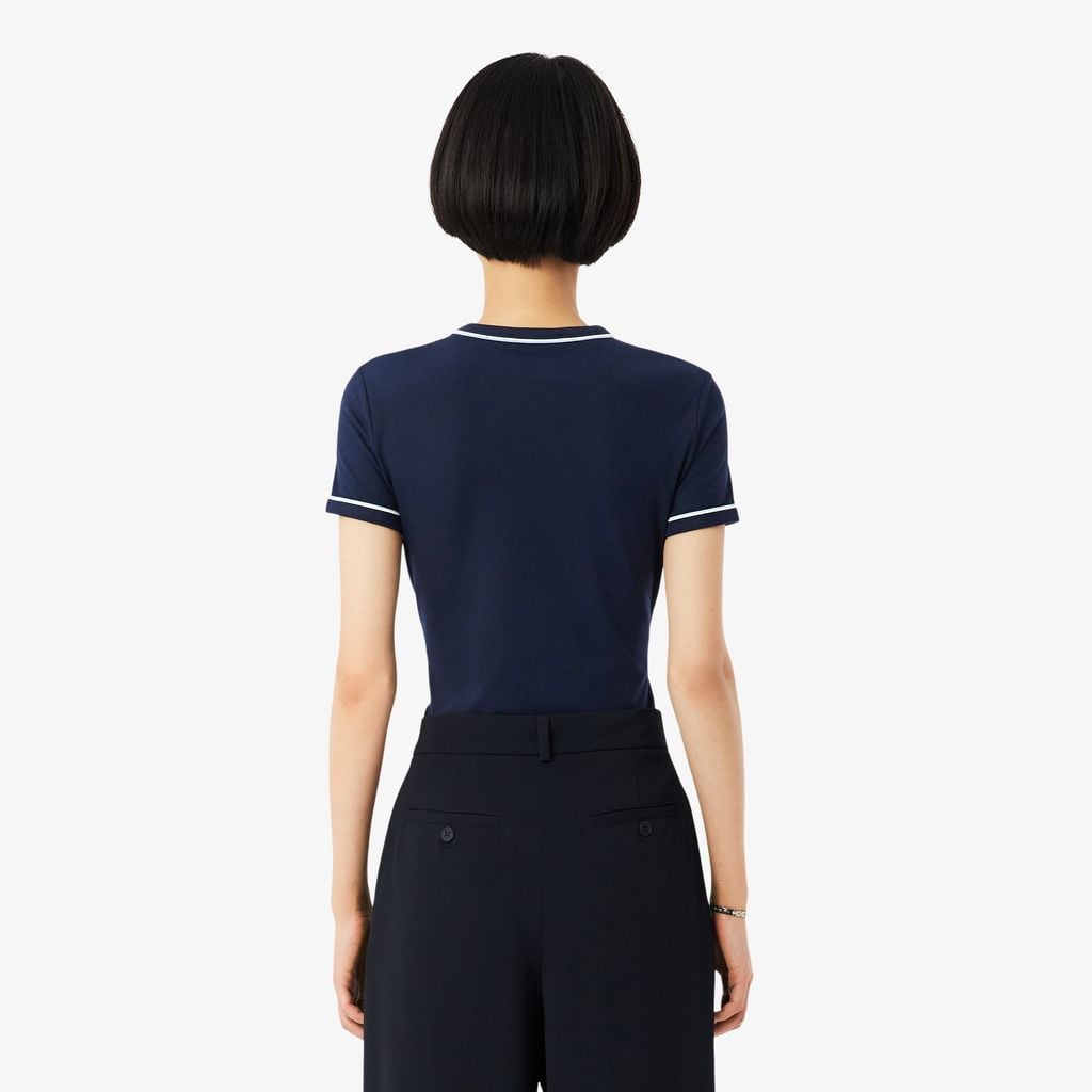 Áo Thun Lacoste Nữ Ôm Dáng Jersey Viền Tương Phản