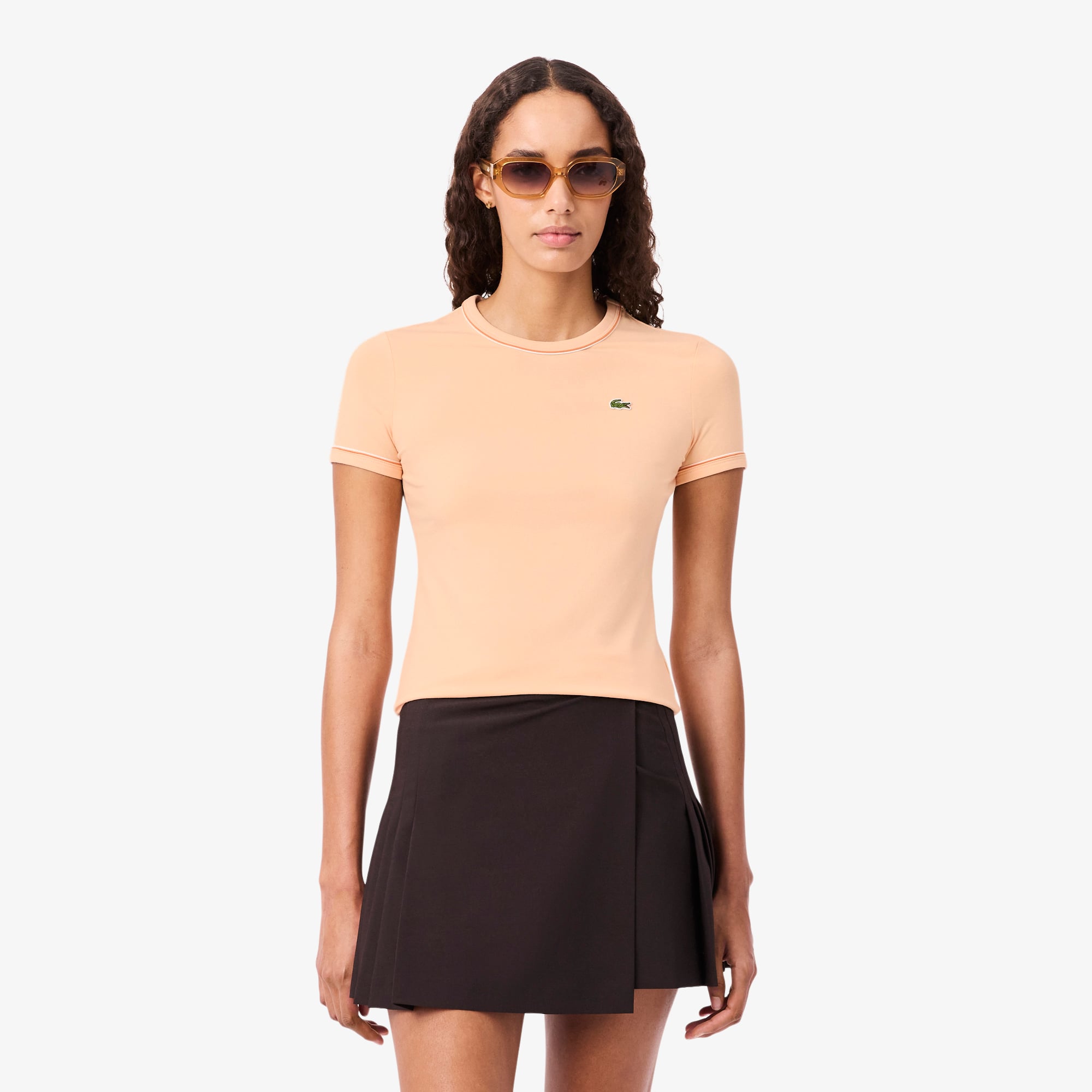 Áo Thun Lacoste Nữ Ôm Dáng Jersey Viền Tương Phản