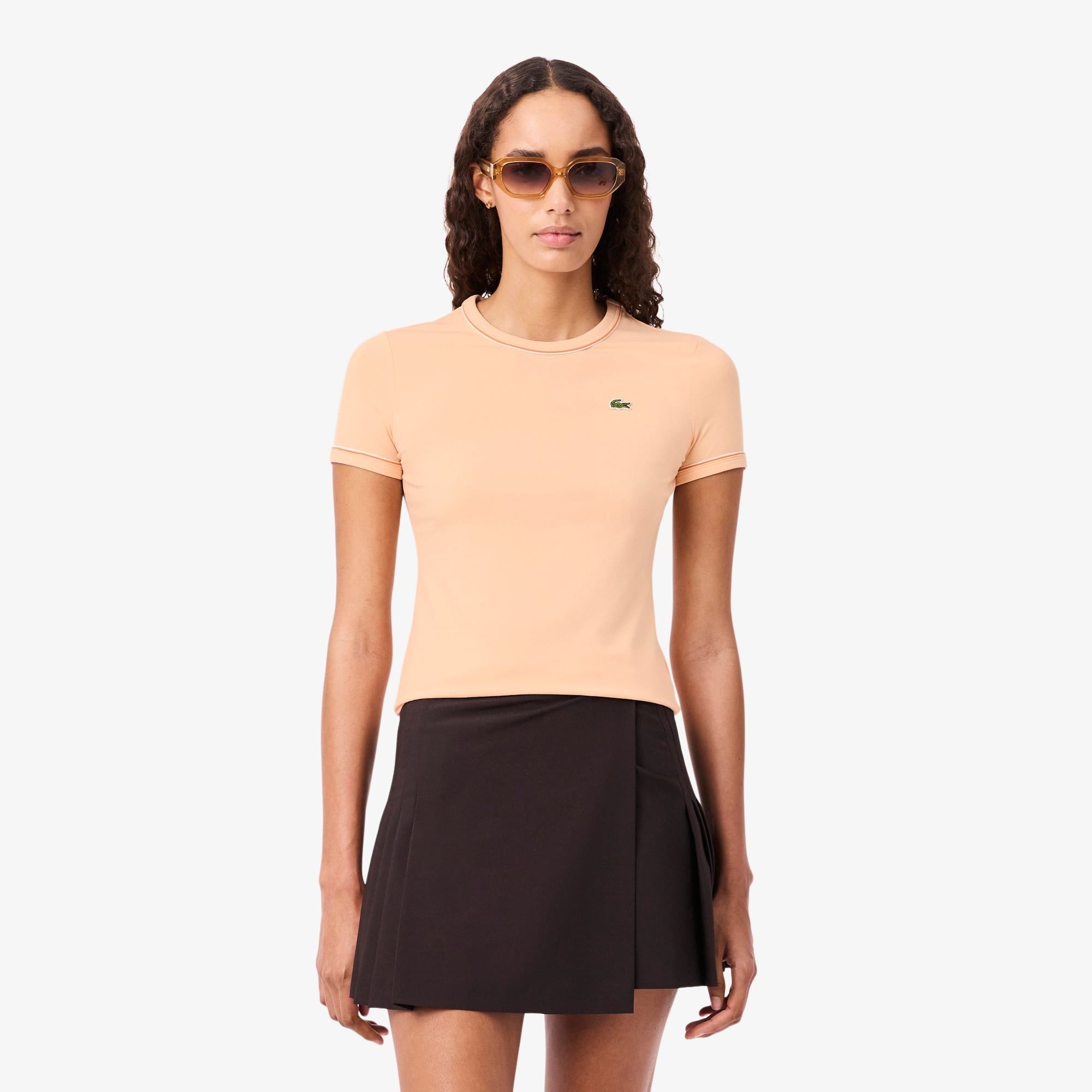 Áo Thun Lacoste Nữ Ôm Dáng Jersey Viền Tương Phản