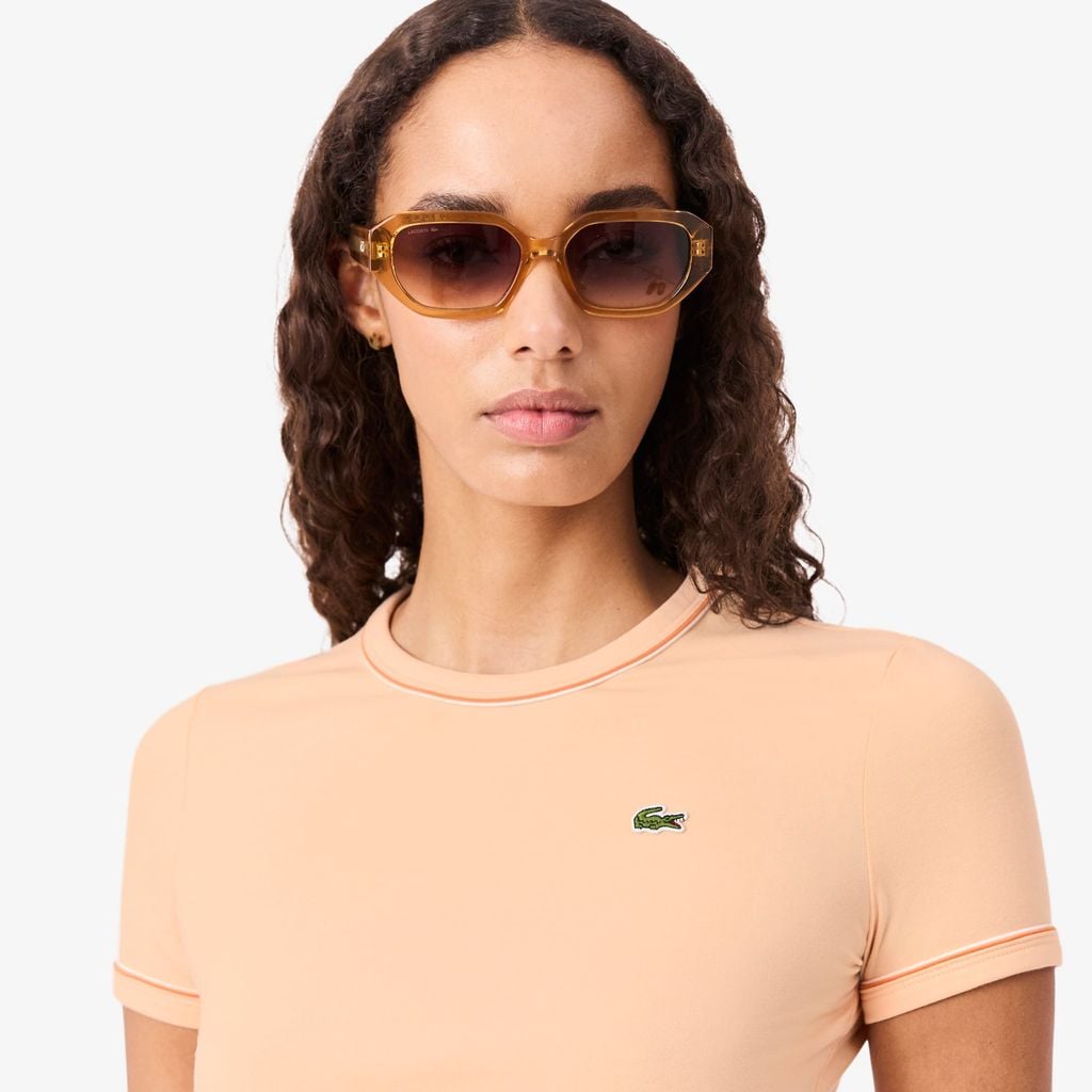 Áo Thun Lacoste Nữ Ôm Dáng Jersey Viền Tương Phản
