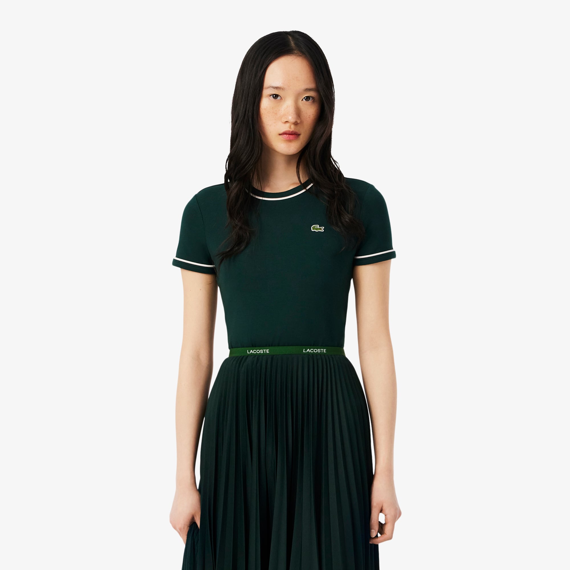 Áo Thun Lacoste Nữ Ôm Dáng Jersey Viền Tương Phản