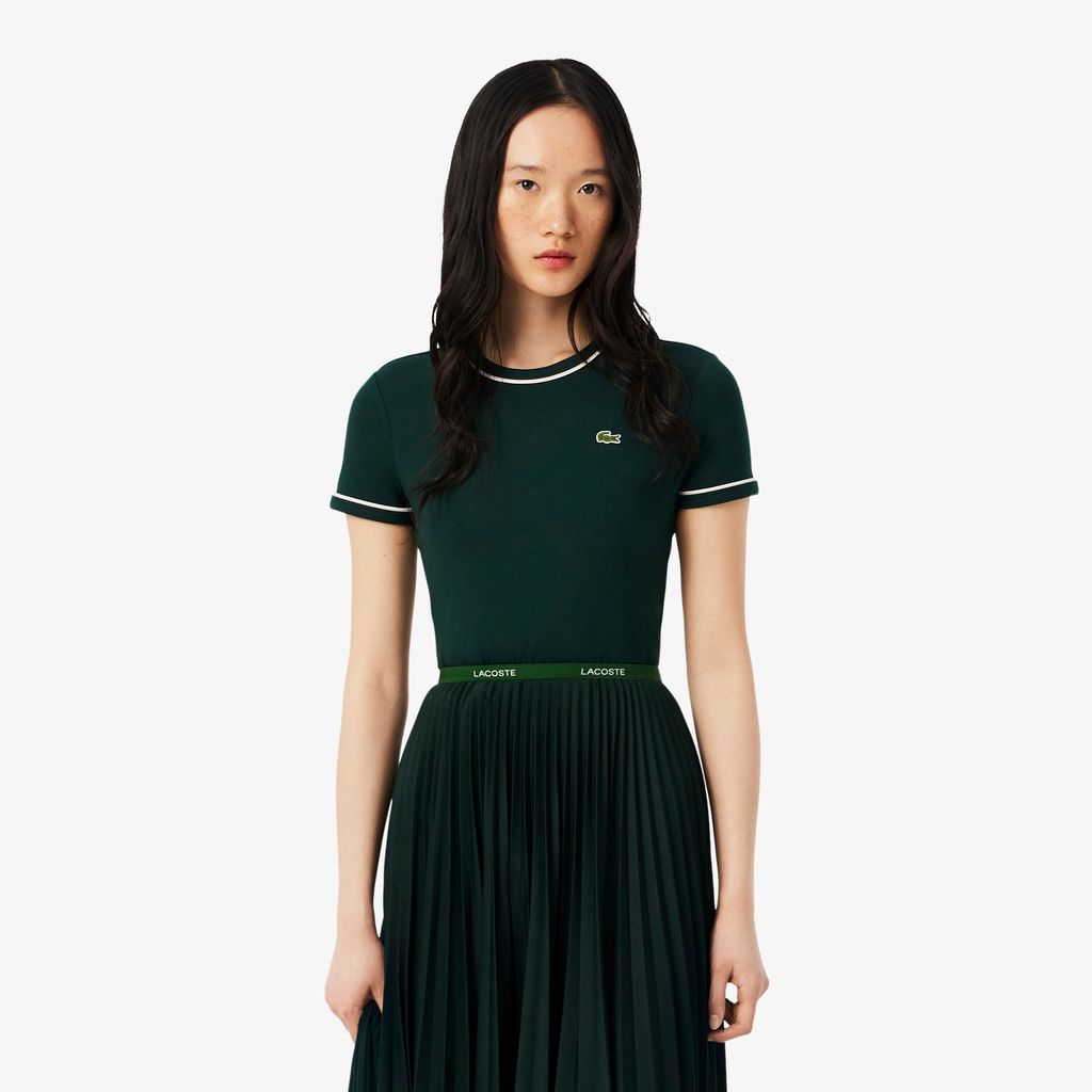 Áo Thun Lacoste Nữ Ôm Dáng Jersey Viền Tương Phản