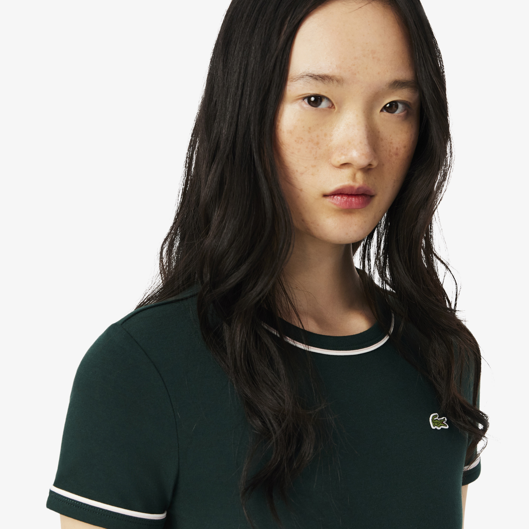 Áo Thun Lacoste Nữ Ôm Dáng Jersey Viền Tương Phản