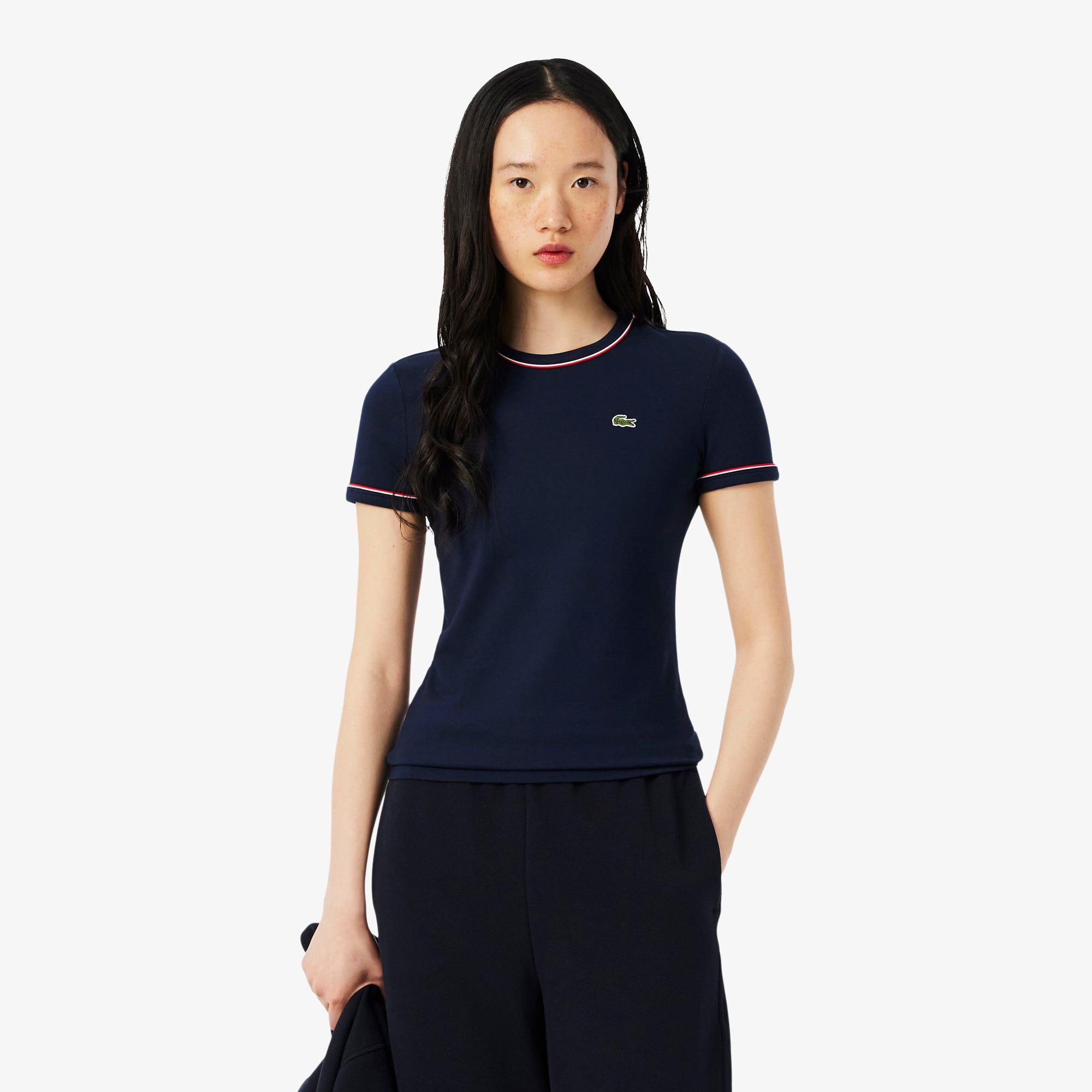 Áo Thun Lacoste Nữ Ôm Dáng Jersey Viền Tương Phản