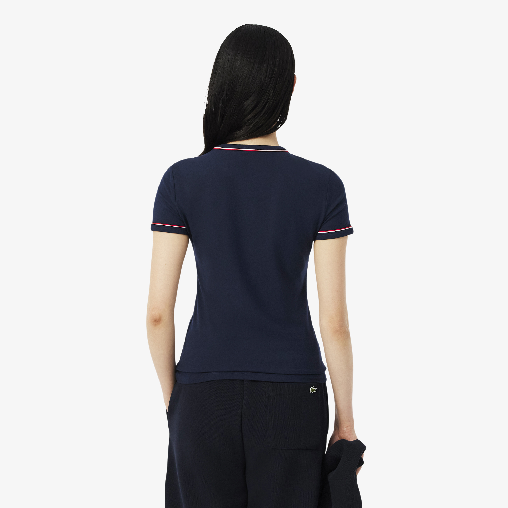 Áo Thun Lacoste Nữ Ôm Dáng Jersey Viền Tương Phản