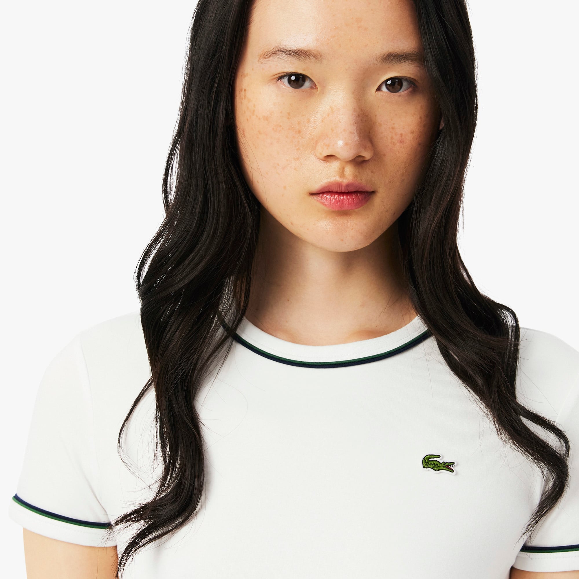 Áo Thun Lacoste Nữ Ôm Dáng Jersey Viền Tương Phản