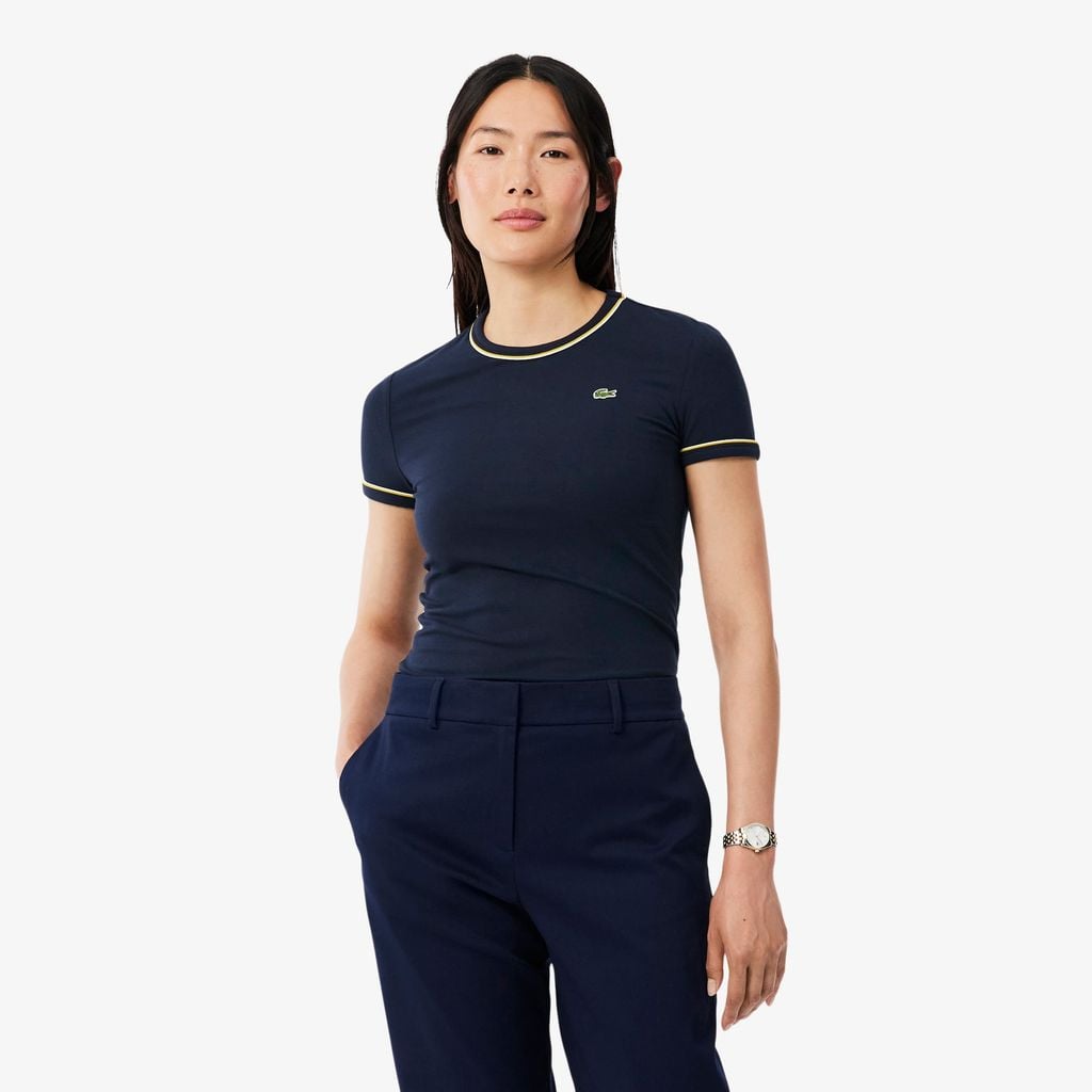 Áo Thun Lacoste Nữ Ôm Dáng Jersey Viền Tương Phản