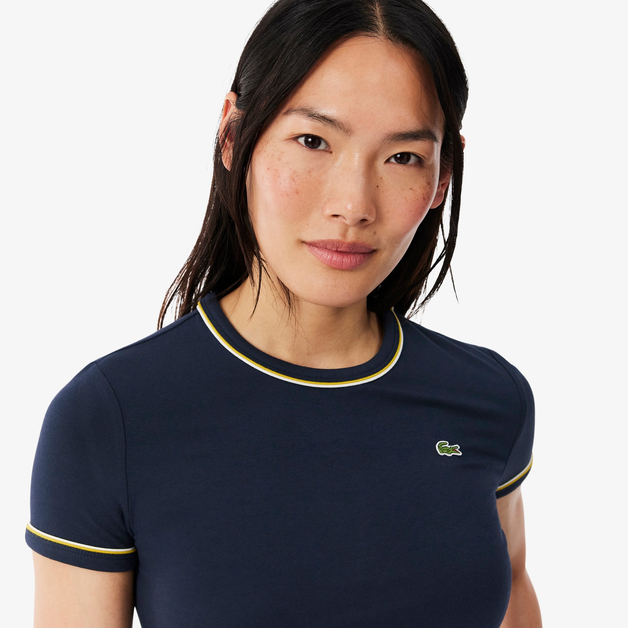 Áo Thun Lacoste Nữ Ôm Dáng Jersey Viền Tương Phản