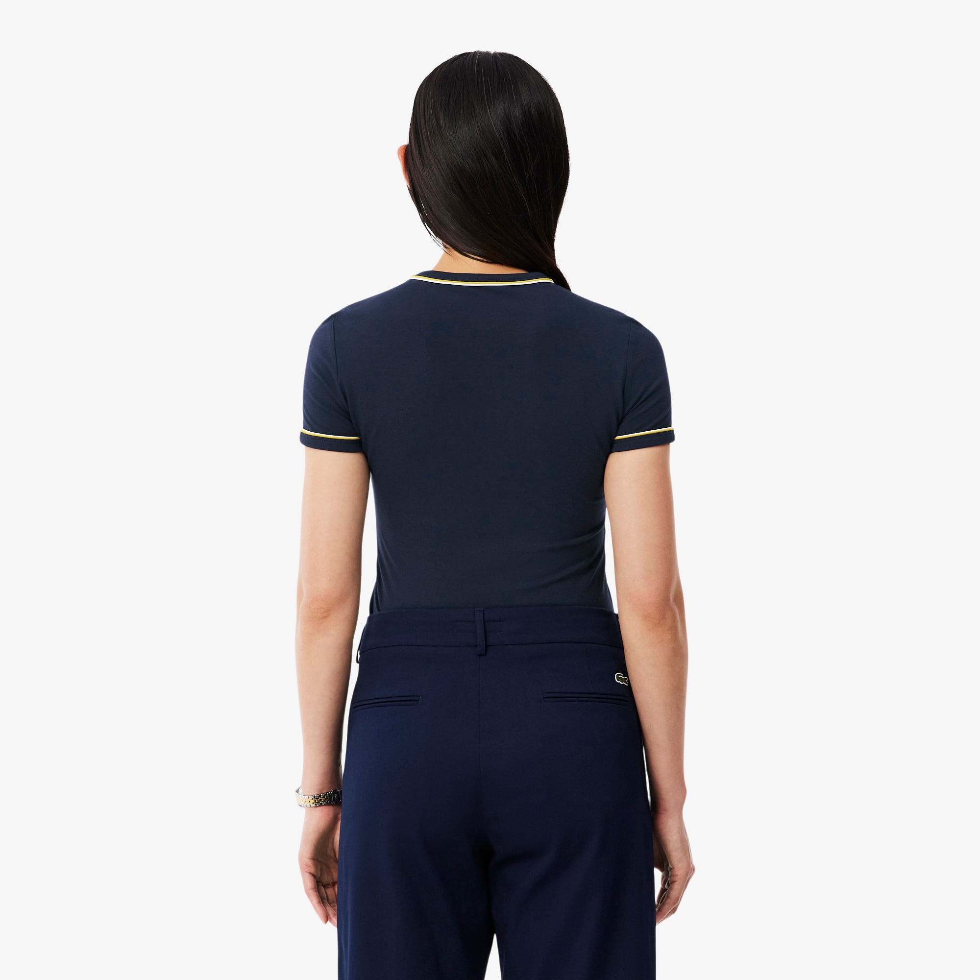 Áo Thun Lacoste Nữ Ôm Dáng Jersey Viền Tương Phản