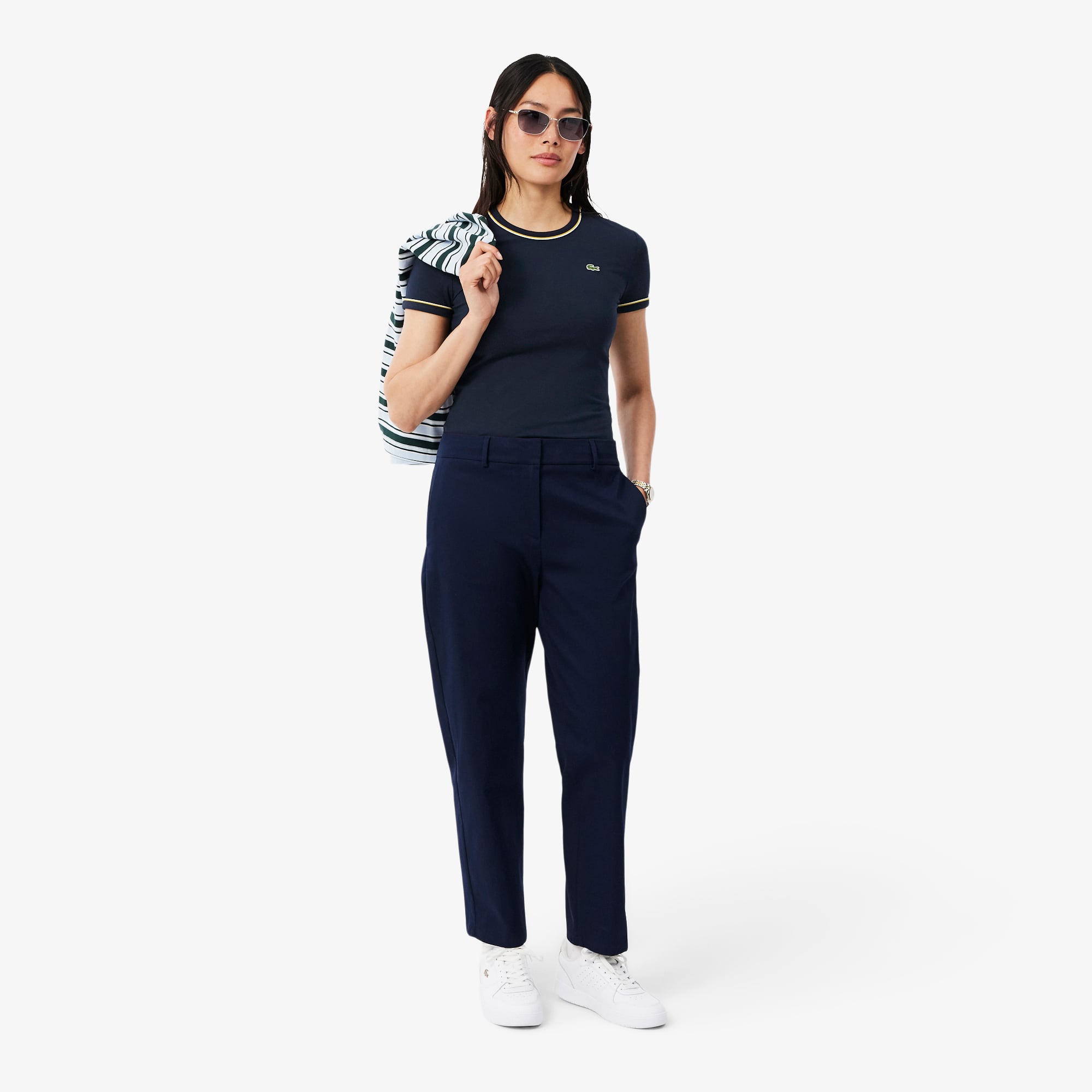 Áo Thun Lacoste Nữ Ôm Dáng Jersey Viền Tương Phản
