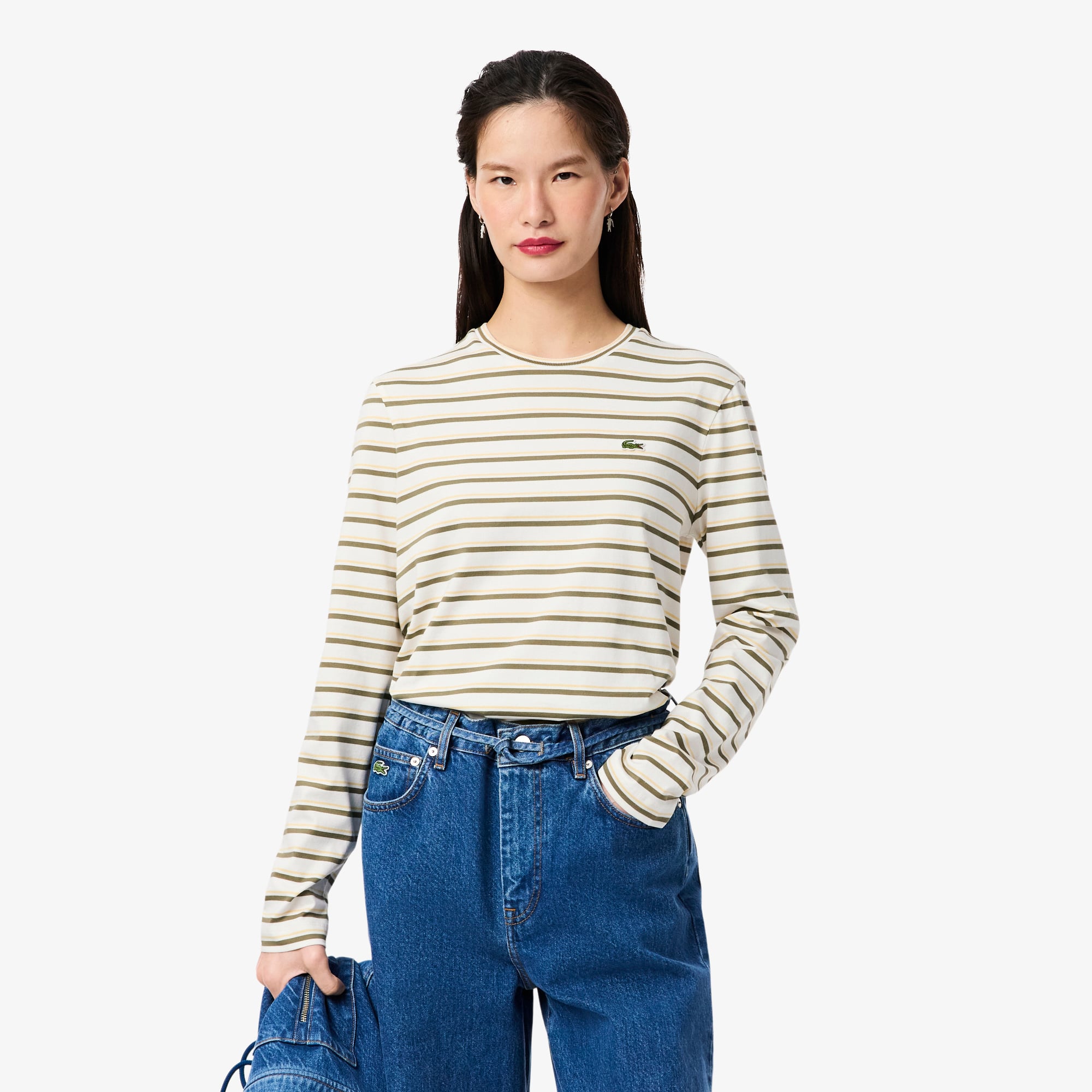 Áo Thun Lacoste Nữ Dáng Suông Sọc Dài Tay Chất Liệu Jersey