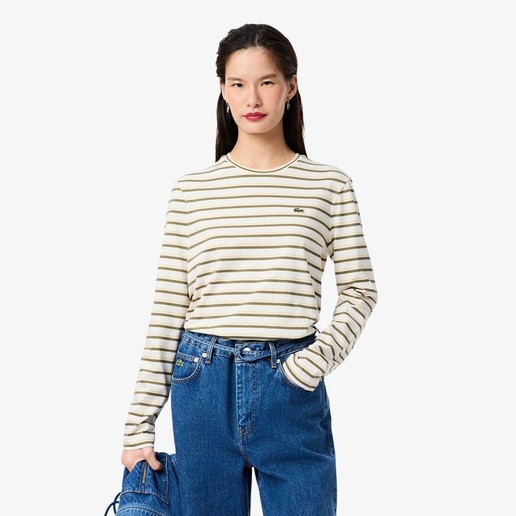 Áo Thun Lacoste Nữ Dáng Suông Sọc Dài Tay Chất Liệu Jersey
