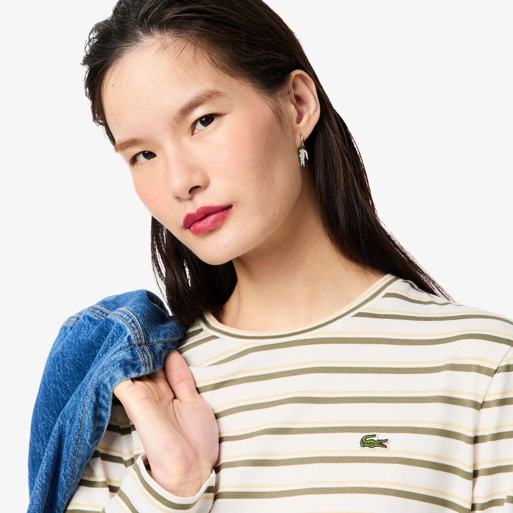 Áo Thun Lacoste Nữ Dáng Suông Sọc Dài Tay Chất Liệu Jersey
